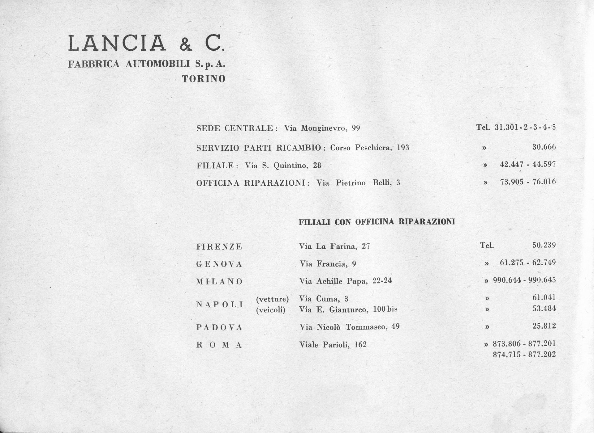 A black and white document from Lancia & C. with text listing addresses, phone numbers, and addresses for repair offices.