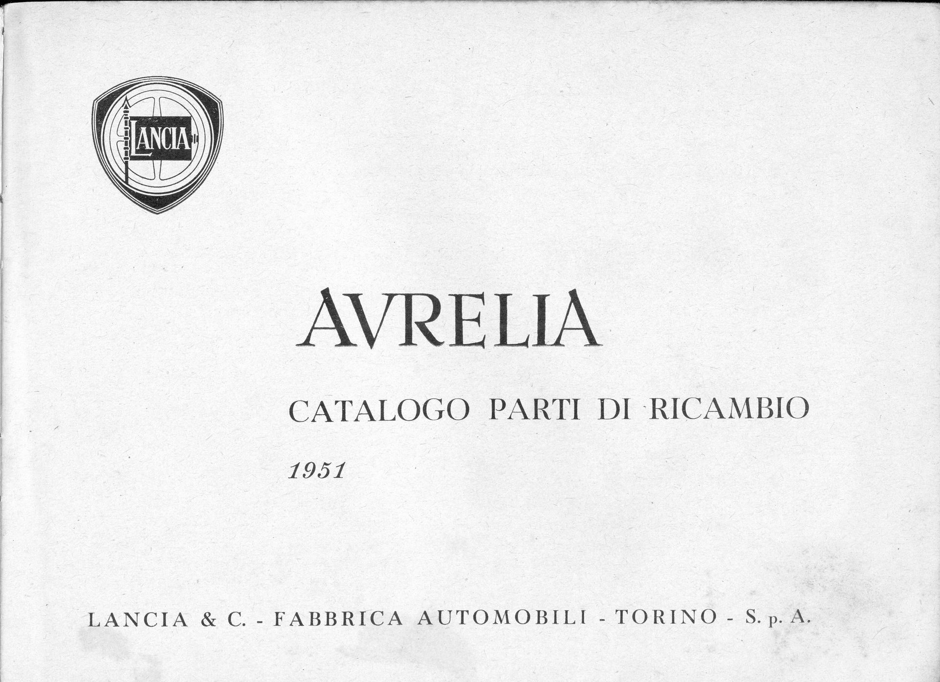Cover of a Lancia Aurelia parts catalog, 1951, with logo and Italian text.