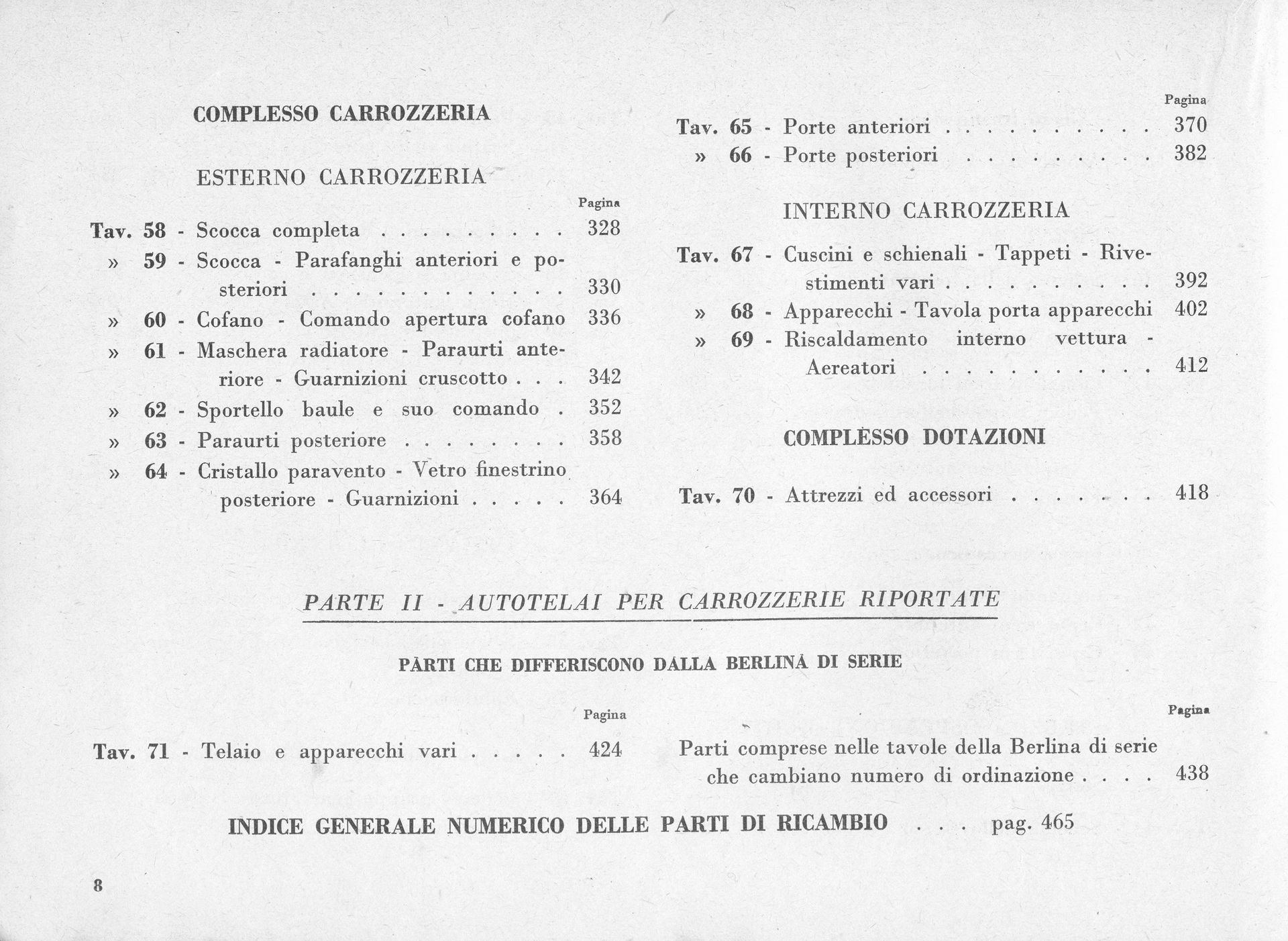Black and white document with Italian text, table of contents, and parts listings.