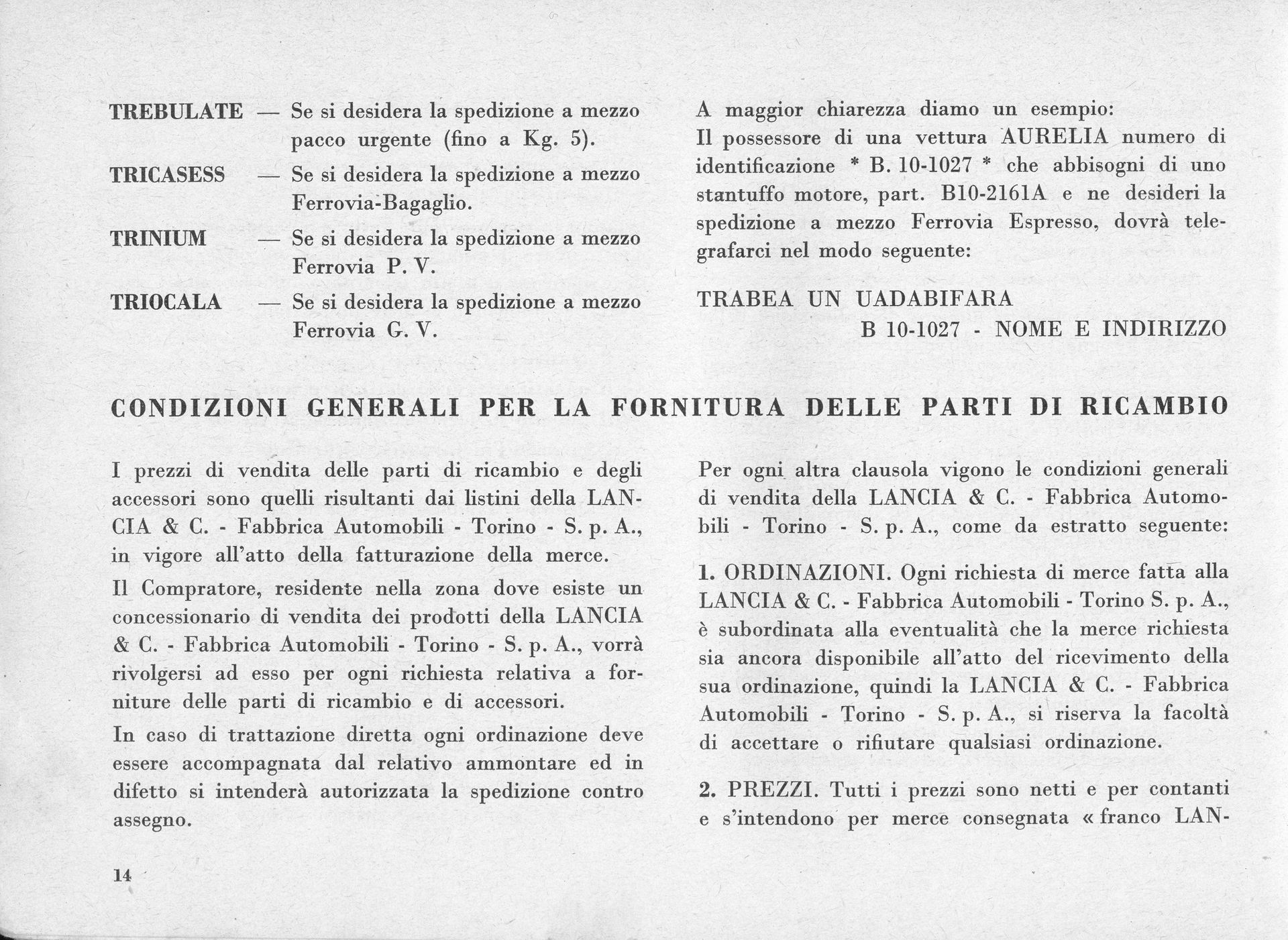 Italian text with a list and legal clauses regarding the sale of spare parts.