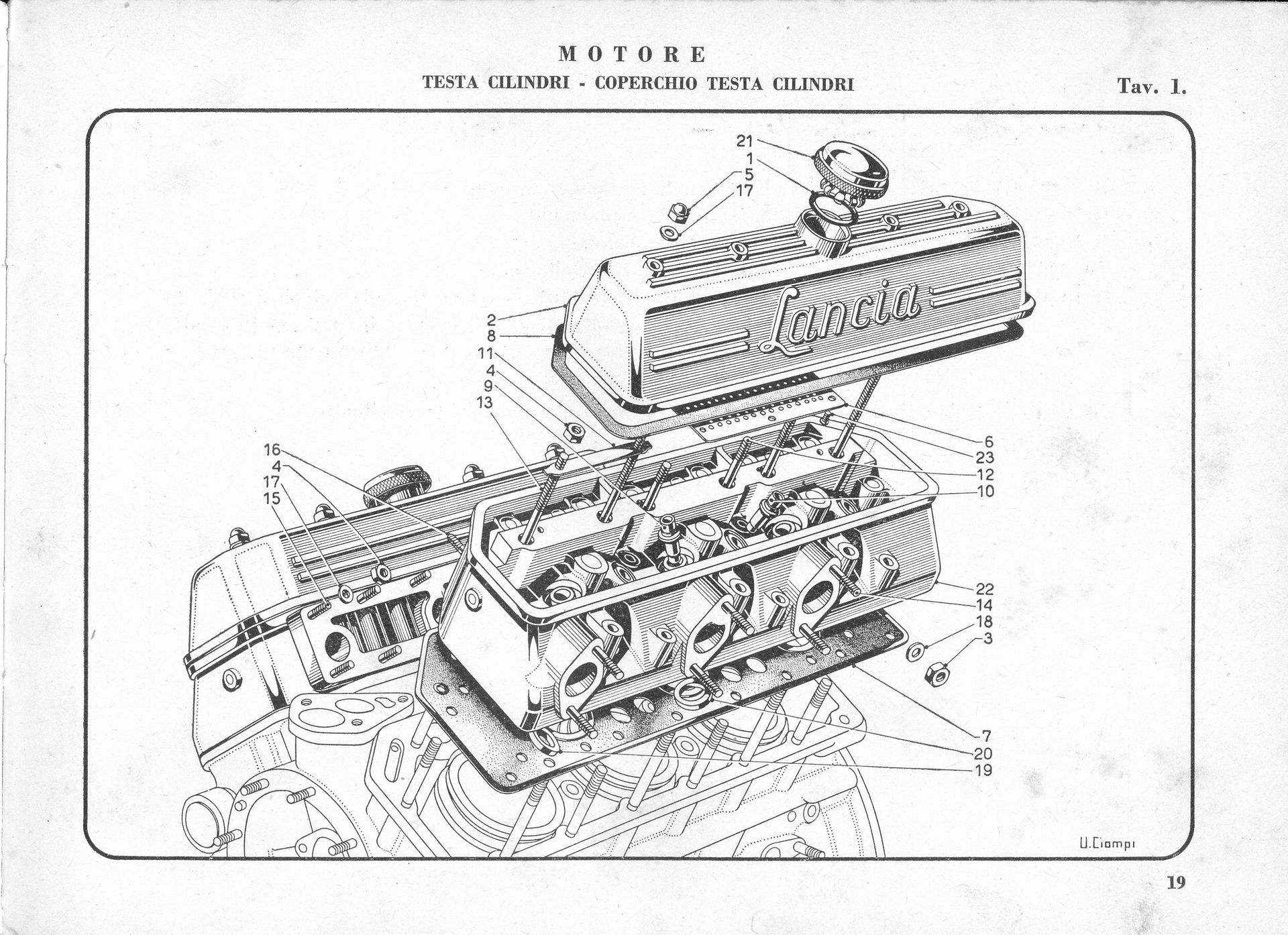 Diagram of an engine's internal components, including the cylinder head, block, and other parts, viewed at an angle.