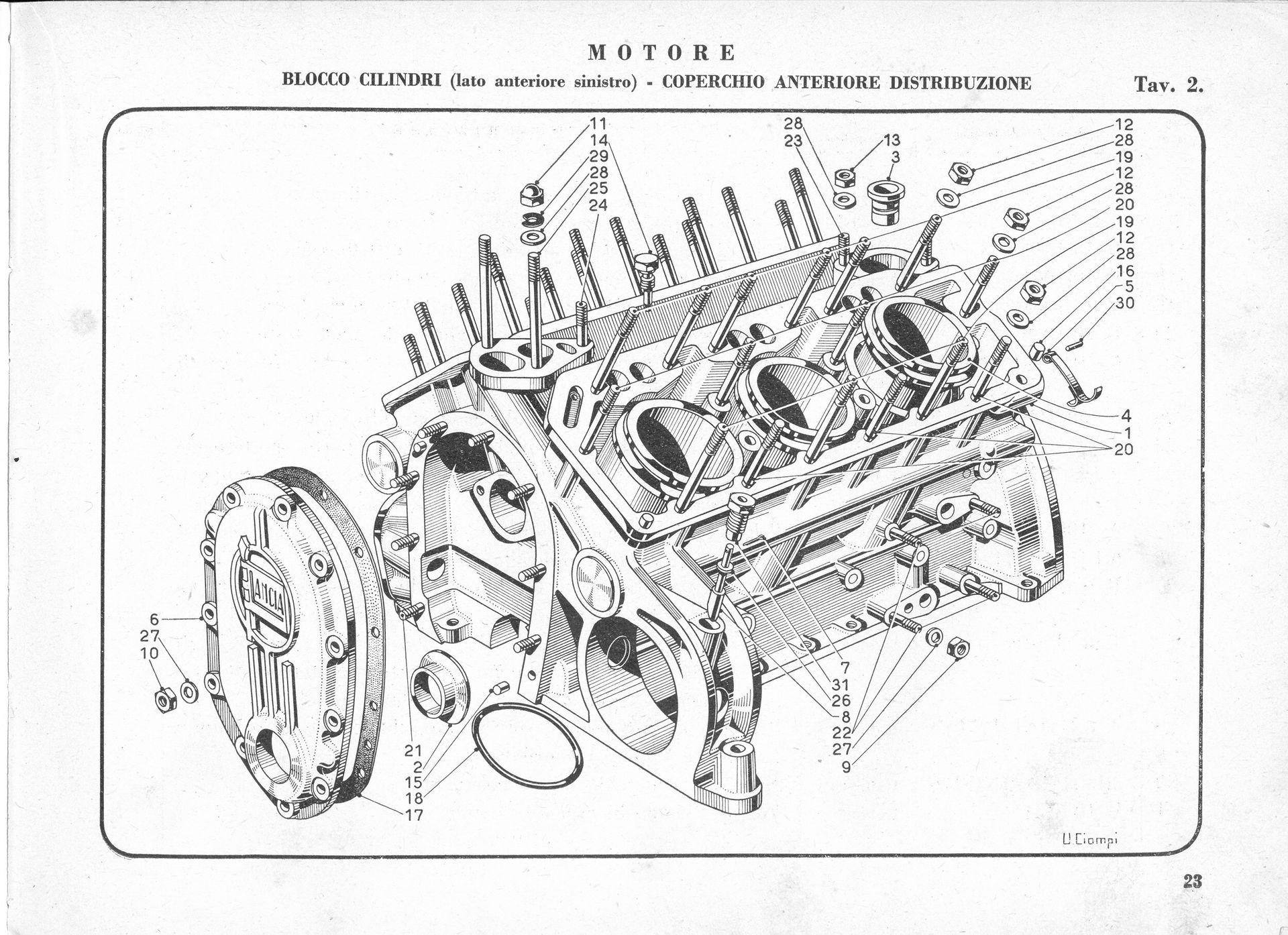 Exploded diagram of a V8 engine block, showing parts like cylinders, bolts, and the flywheel.