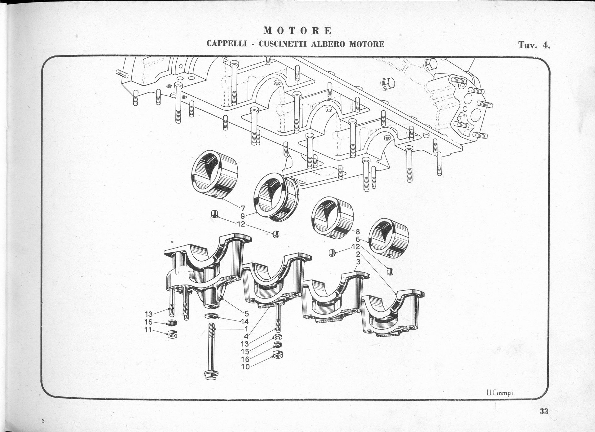 Exploded view of an engine's cylinder head, showing parts like bearings and caps, for repair.