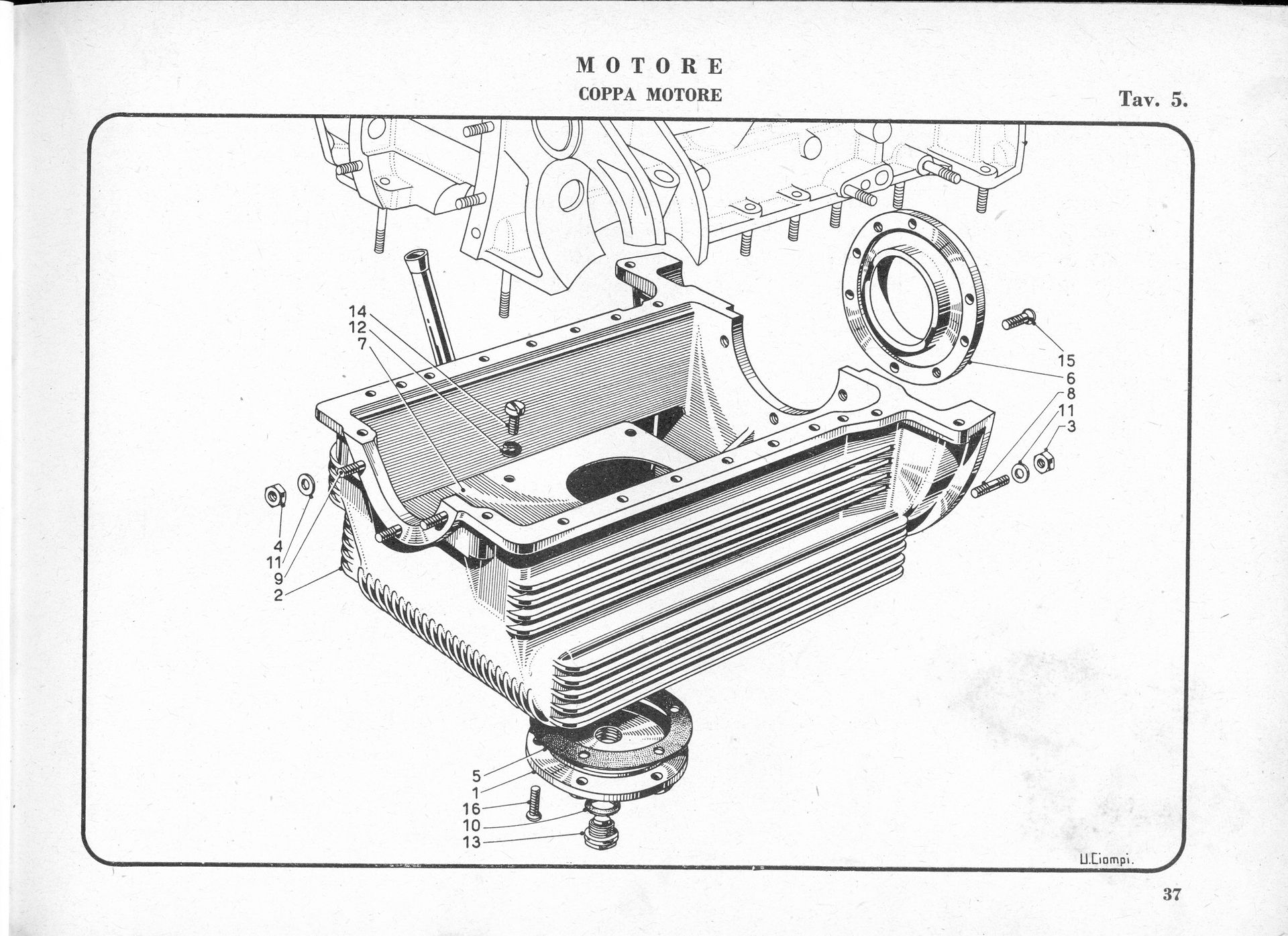 Diagram of a machine's oil cooler, a rectangular, finned metal component with surrounding engine parts.