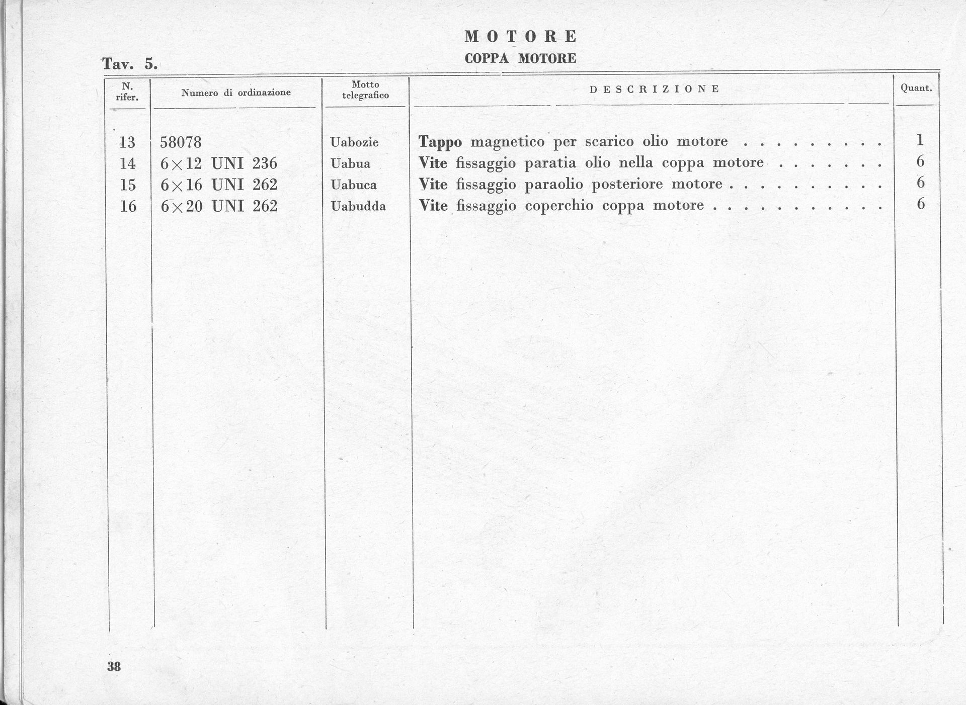 Table of engine components with headings, columns and rows of text and numbers.