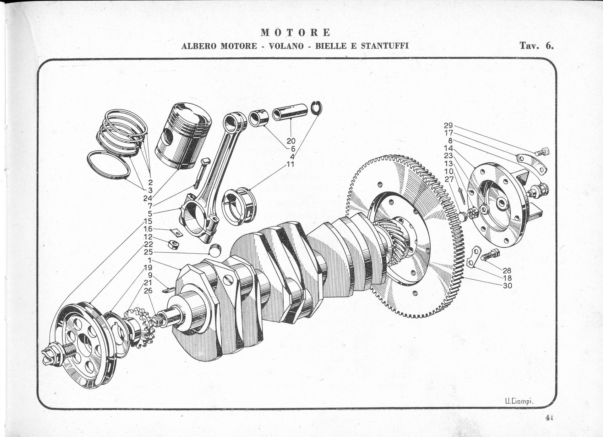 Exploded diagram of a motor's internal components, including pistons, crankshaft, and flywheel, likely from a manual.