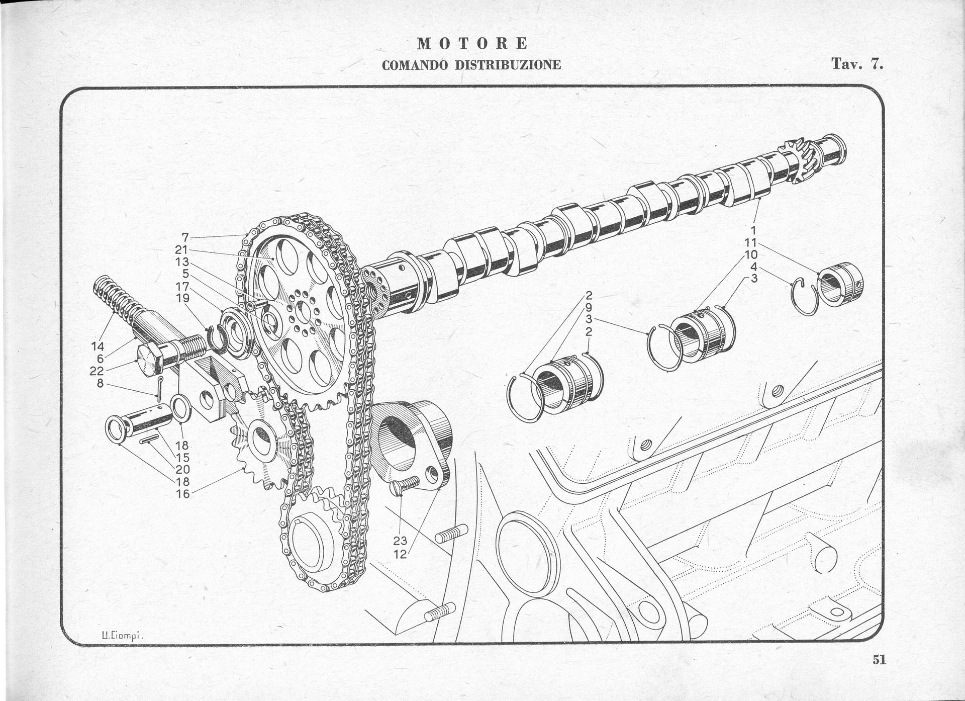 An exploded diagram of an engine's camshaft and timing chain components.