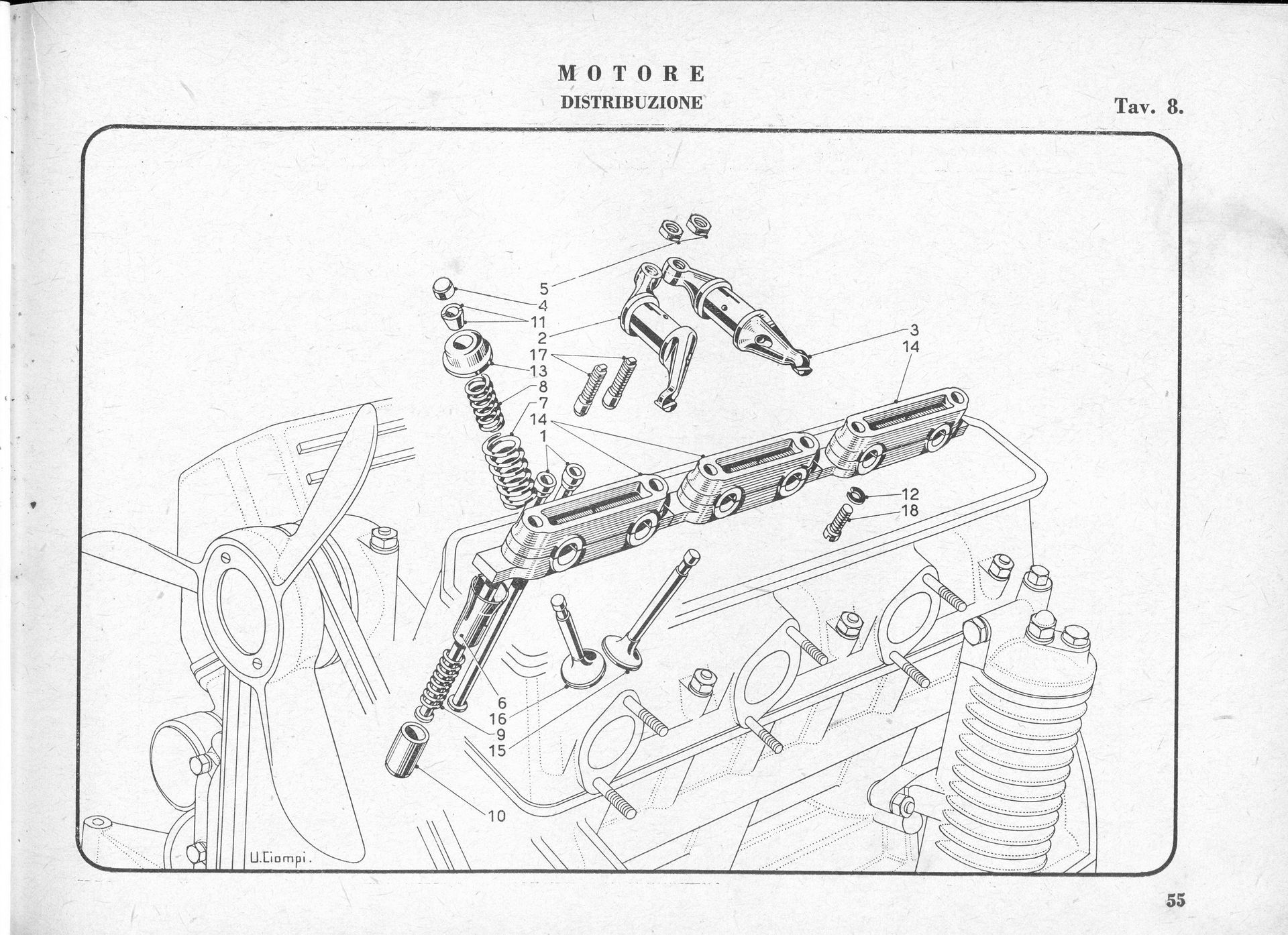 Diagram of an engine's internal components, including the rocker arms, valves, and spark plugs.