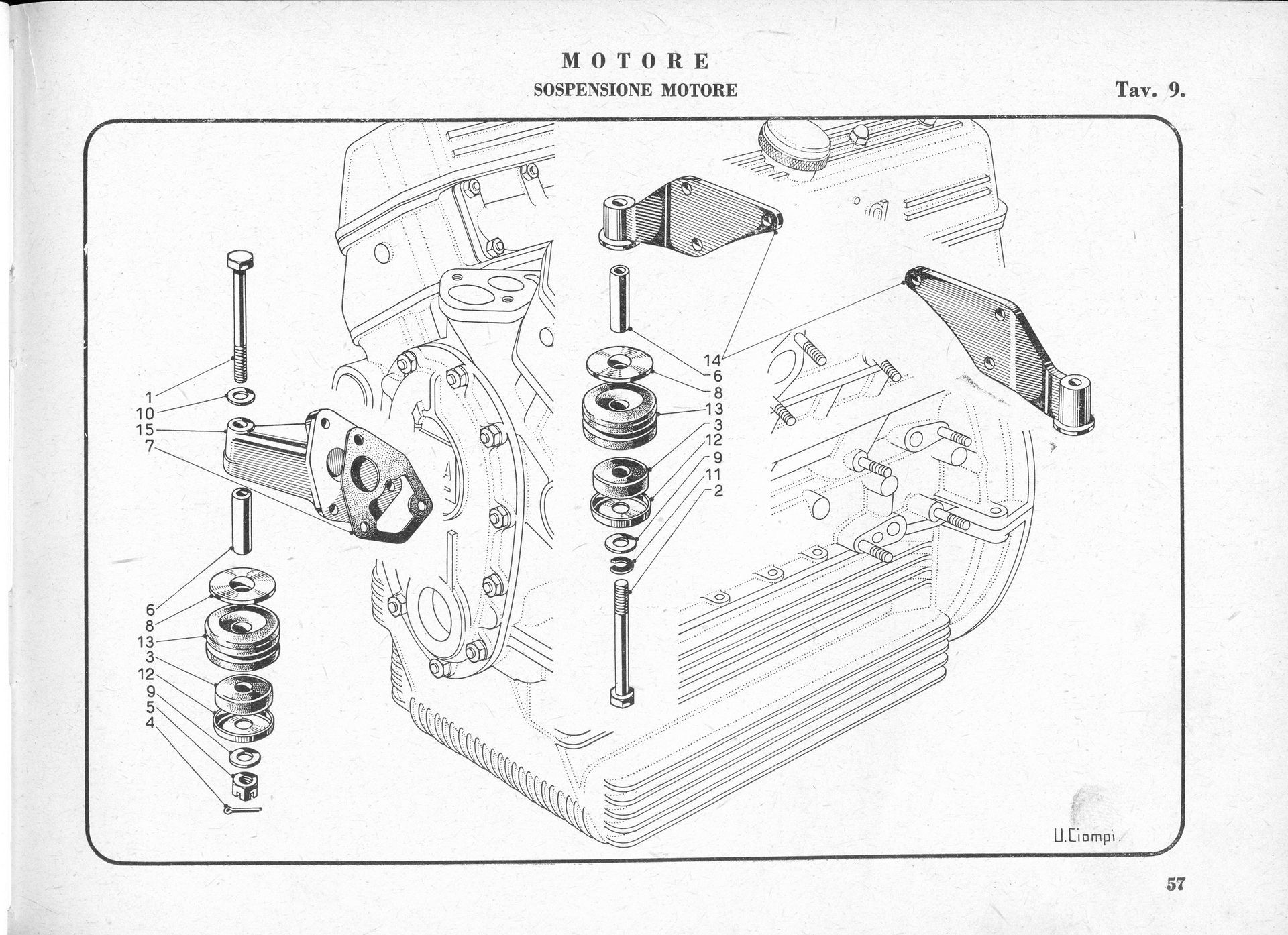 Exploded diagram of a car engine assembly. Various engine parts shown detached, including bolts, springs.