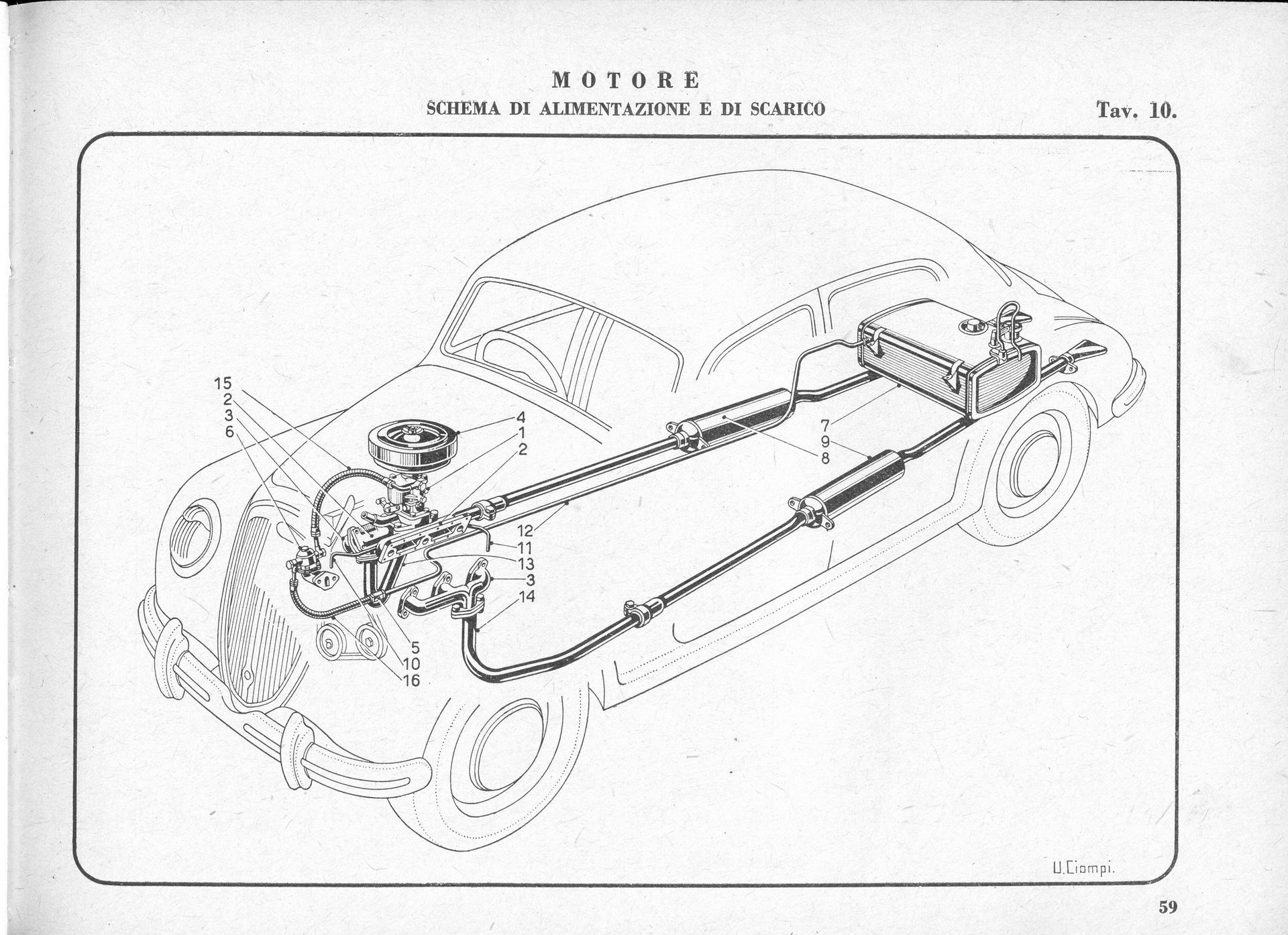 Diagram of a car's engine and fuel system, showing components and their arrangement.