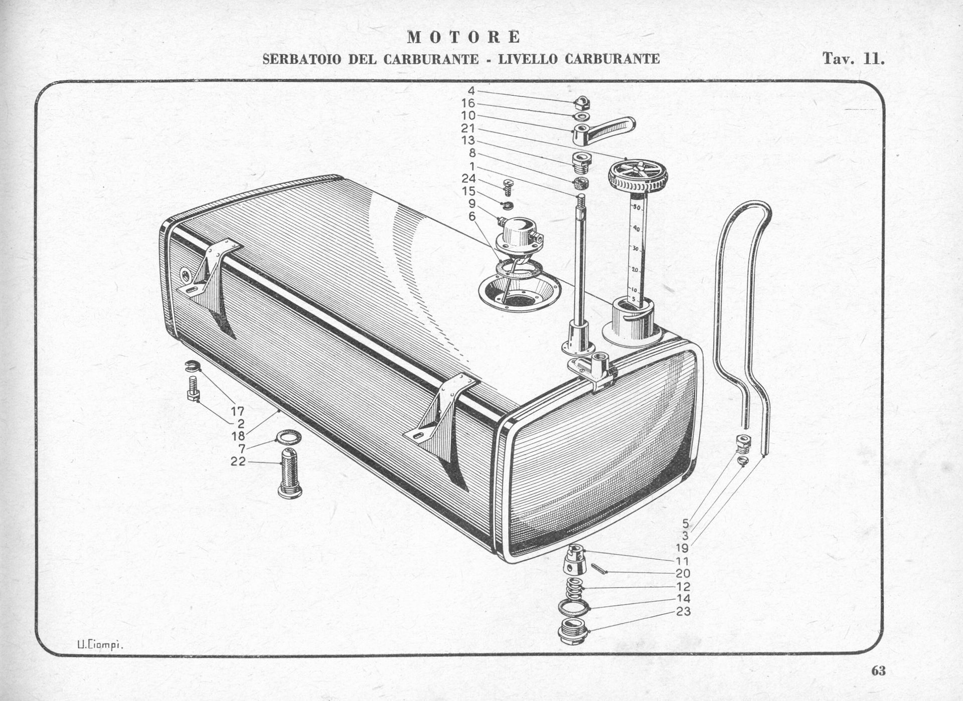 Diagram of a vintage carburetor fuel tank with attached components.