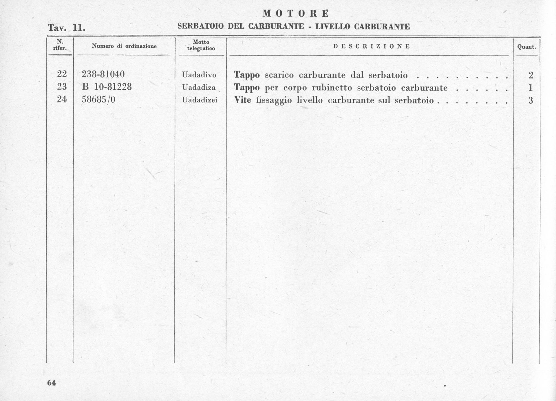 Table listing engine parts: part numbers, descriptions (Italian), and quantity.