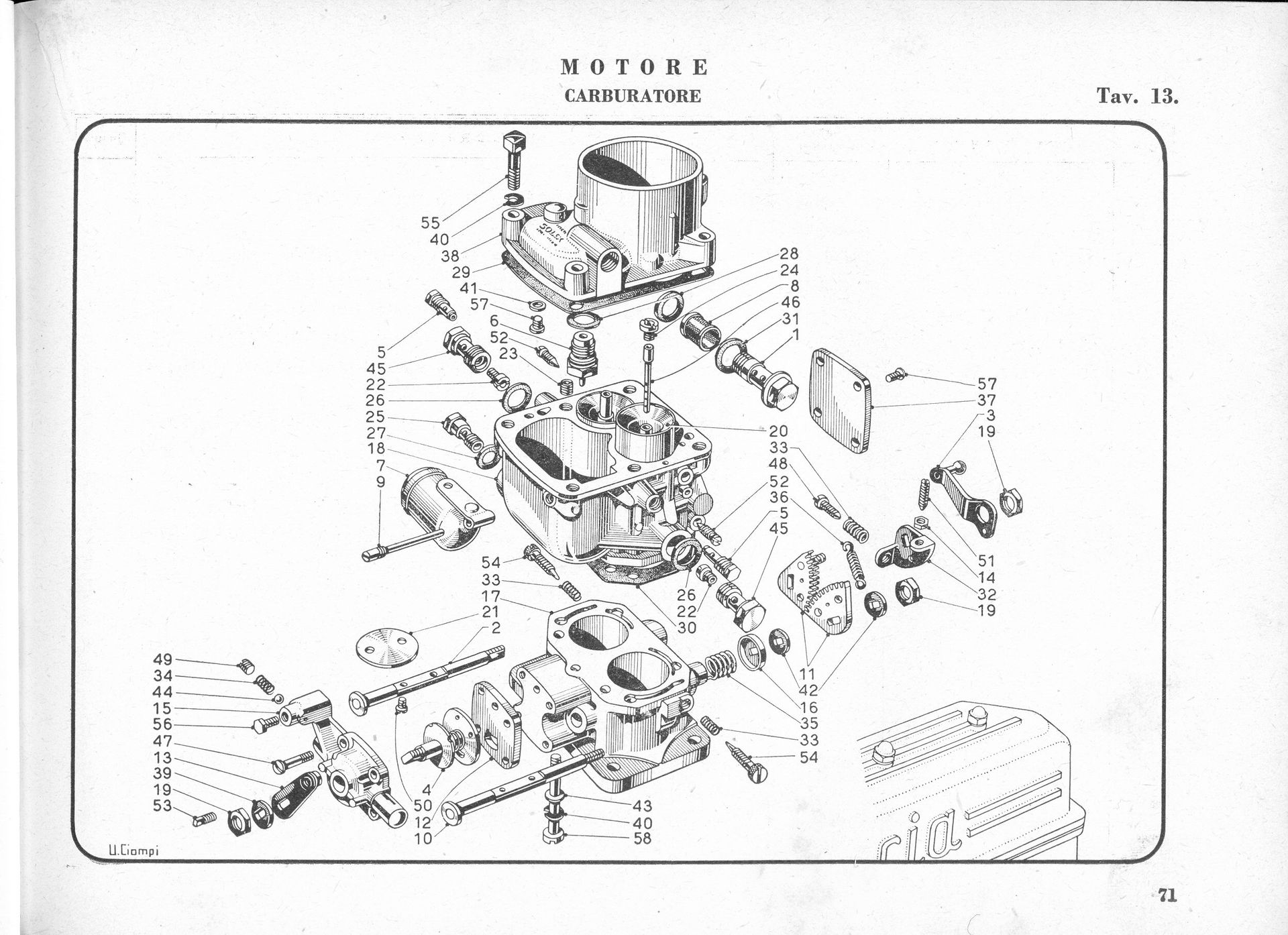 Exploded diagram of a carburetor, with numbered parts labeled and separated, likely for repair or assembly.