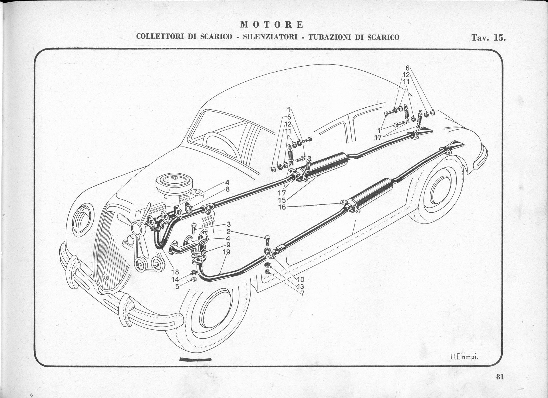 Diagram of a car with a cutaway view of the engine and components. Black and white illustration.