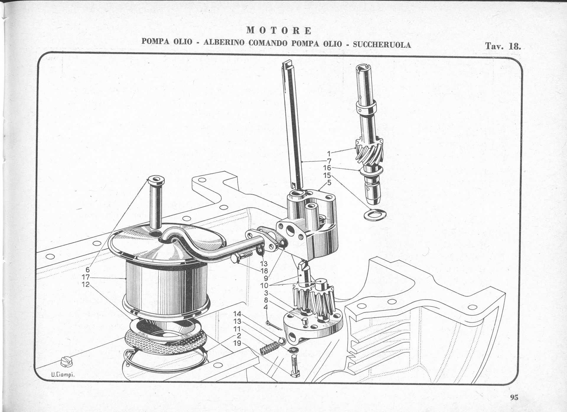 Diagram of a motor with components including a pump, gears, and connecting rods.