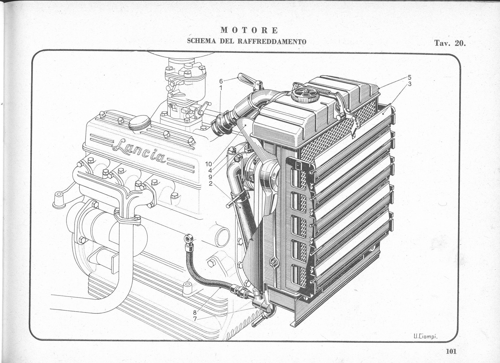 Engine diagram with radiator attached, shown in a technical drawing.