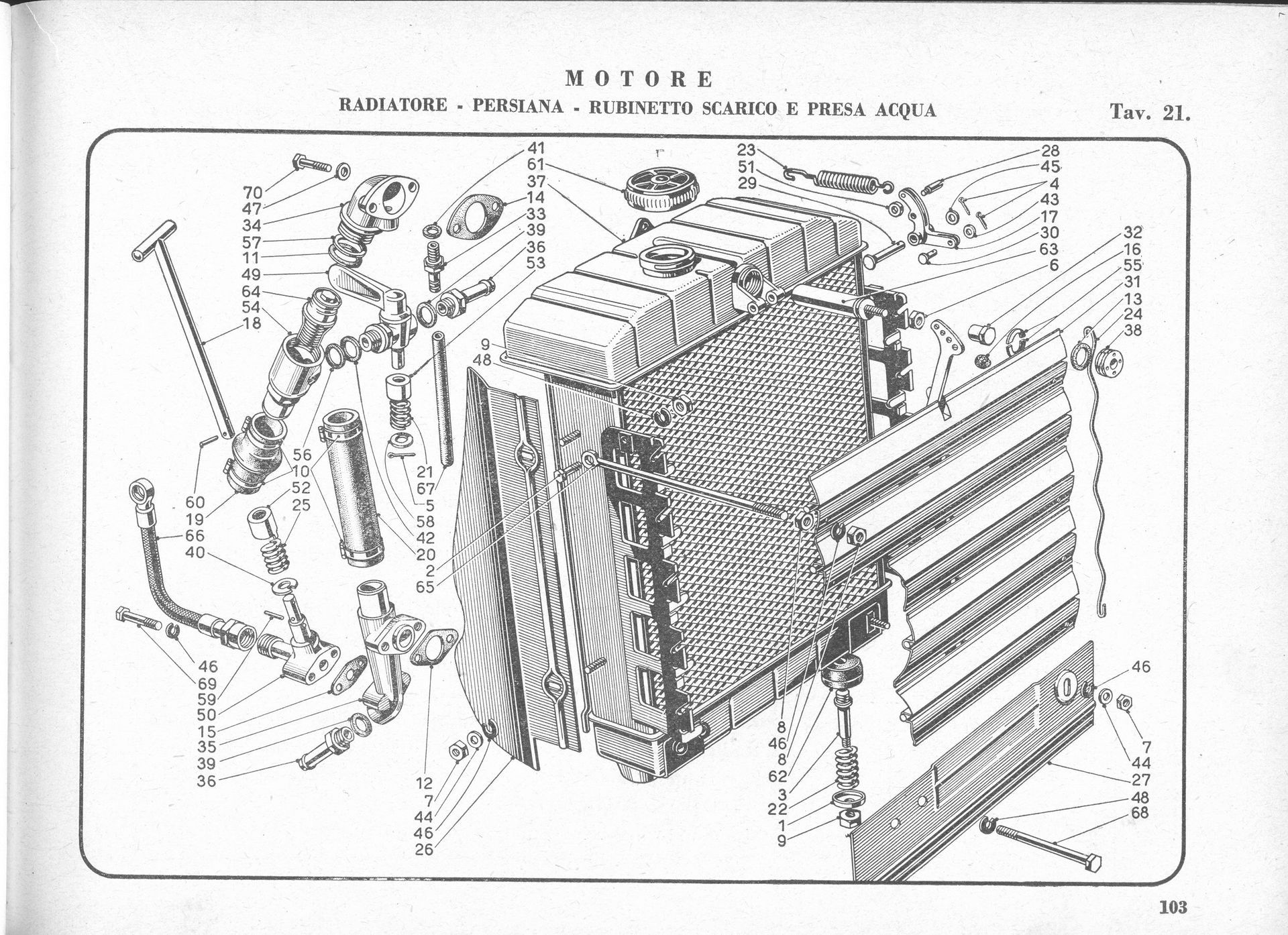 Exploded diagram of a car engine cooling system, parts labeled with numbers.