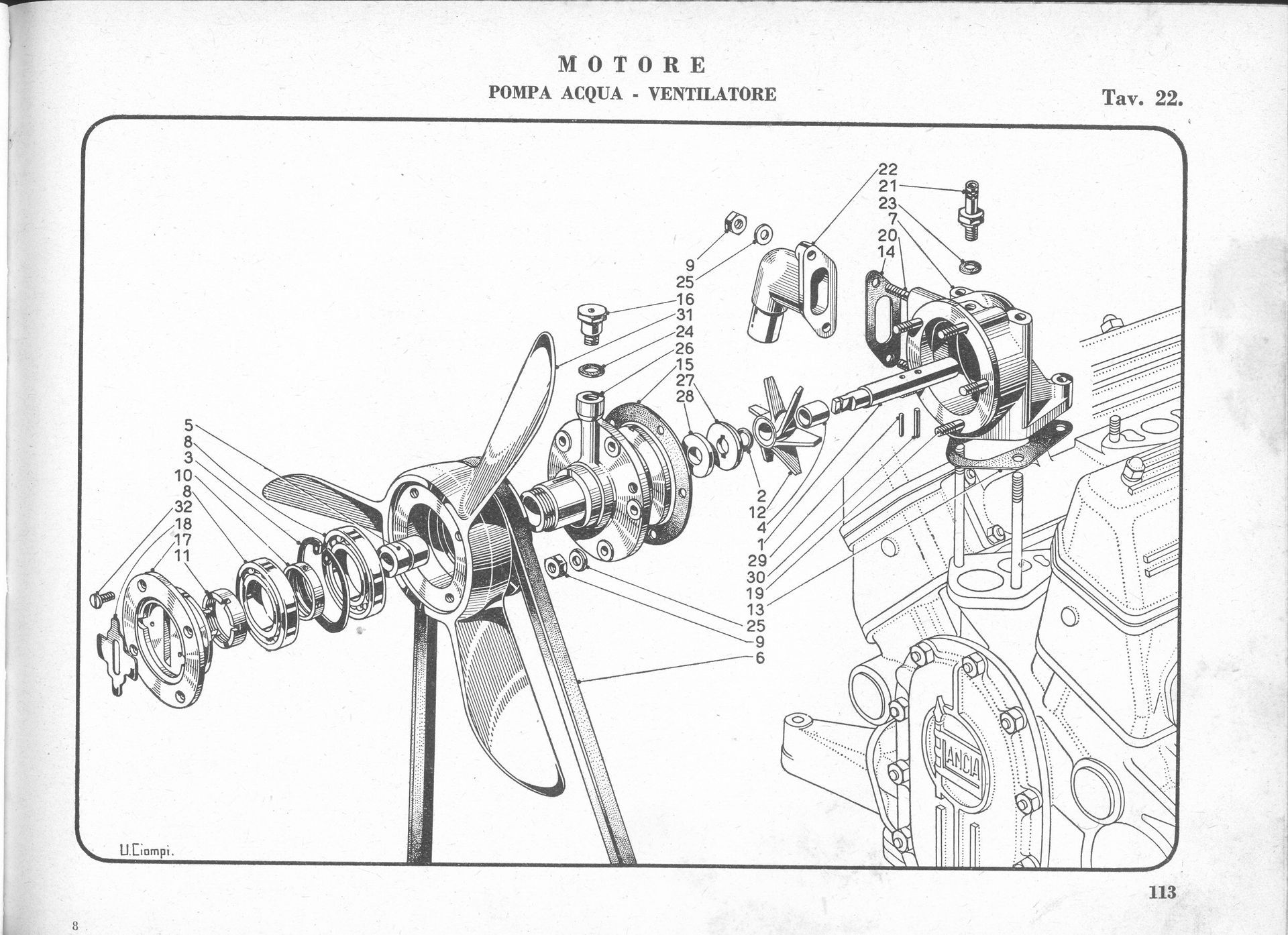 Diagram of an exploded view of an engine's water pump and related components. Black and white.