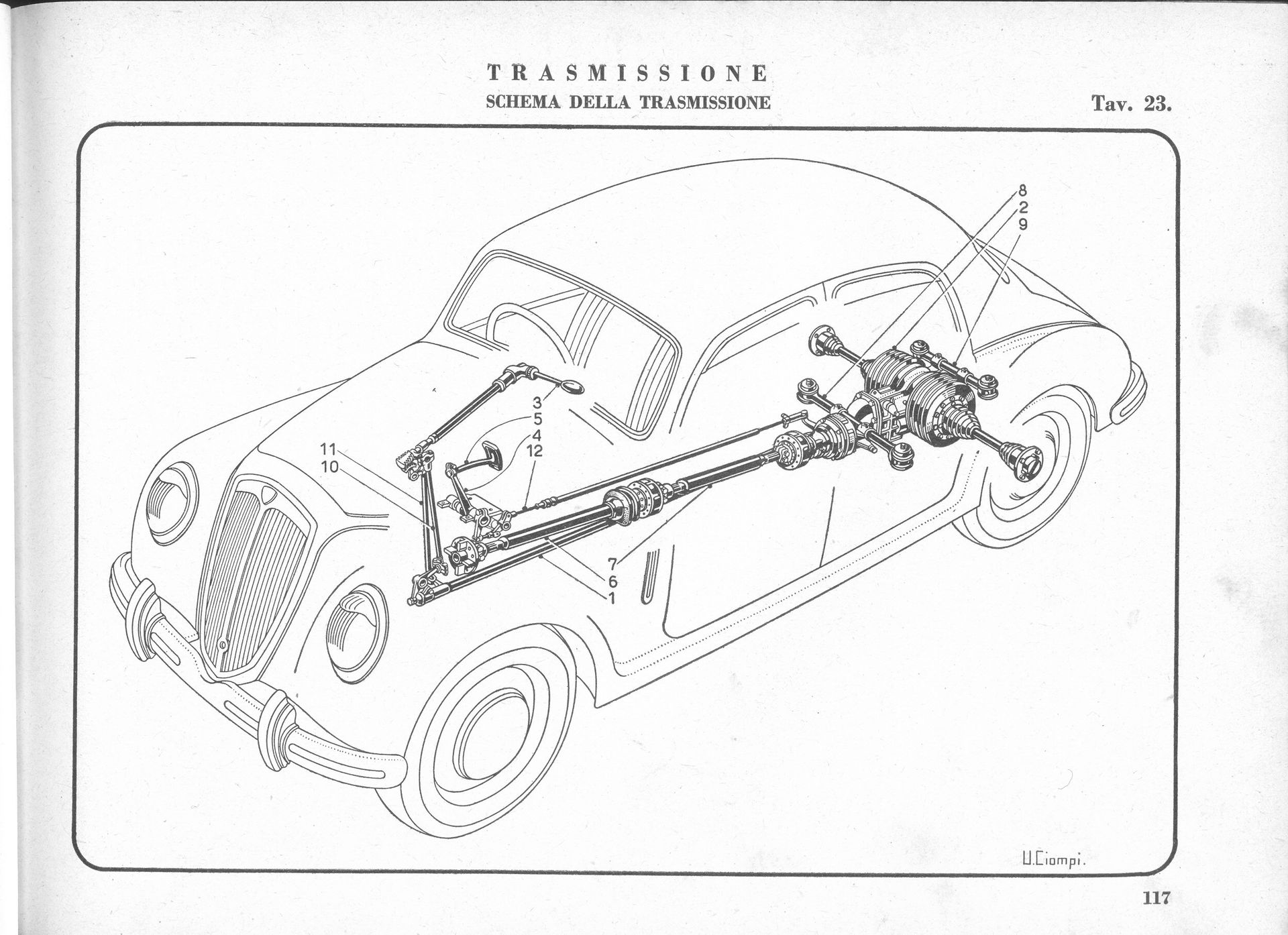 Cutaway diagram of a vintage car showing the steering system and front suspension components.