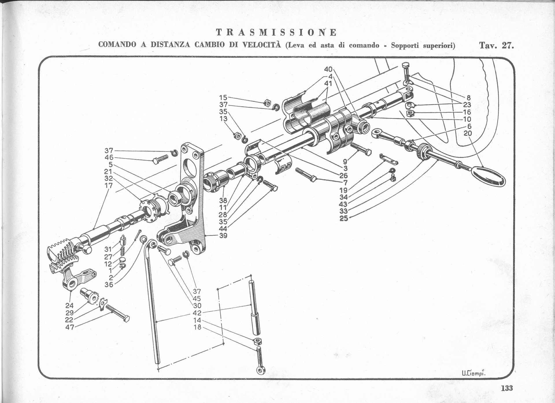 Diagram of a disassembled firearm, labeled with numbered parts. Perspective view with tripod, text in Italian.