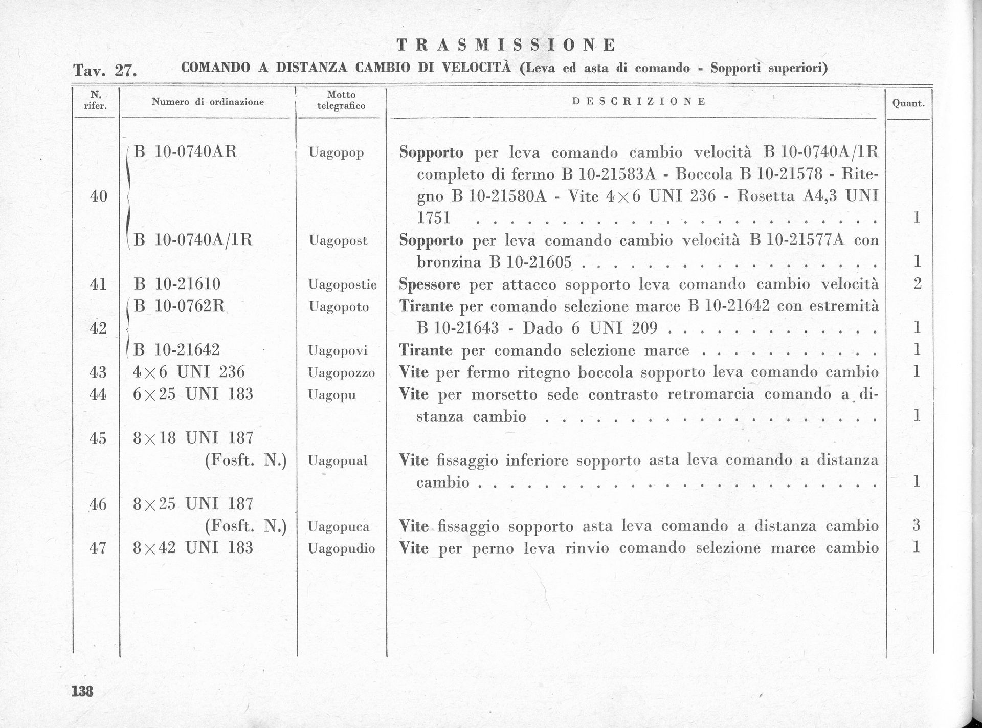 Table of vehicle transmission parts. Lists parts by number, name, and description.
