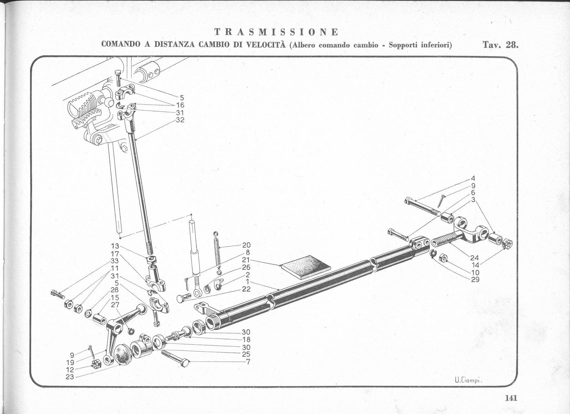 Diagram of a mechanical system with connected chains, levers, and gears. Black and white, technical illustration.