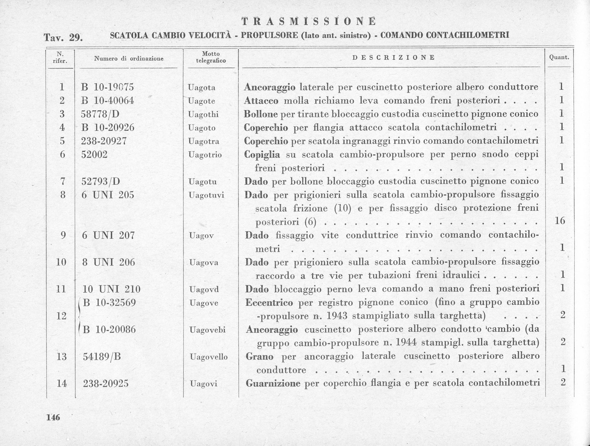 Parts list with Italian text detailing components, quantities, and descriptions, possibly for a vehicle transmission.