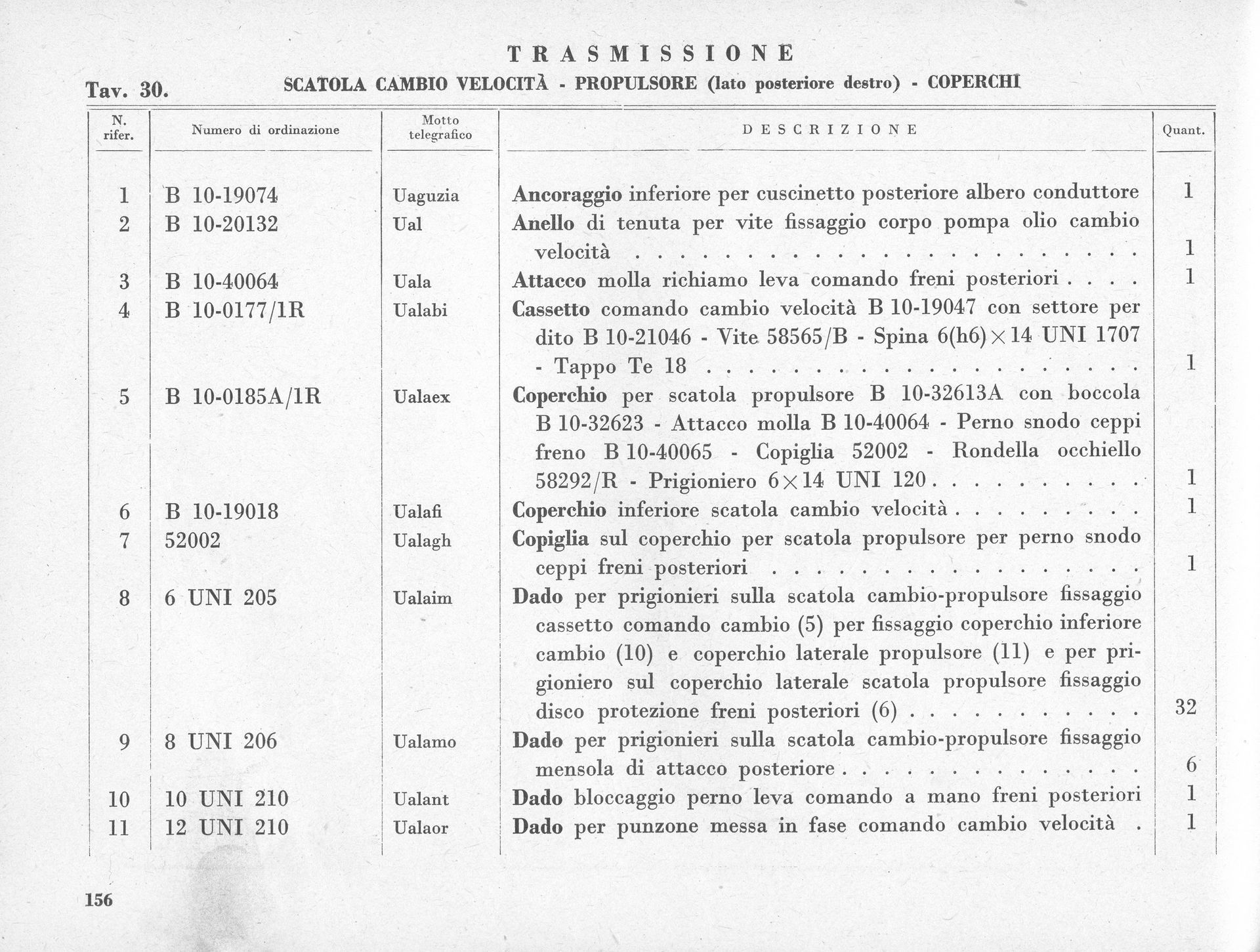 Parts list of a gearbox, listing item numbers, descriptions, and quantities.