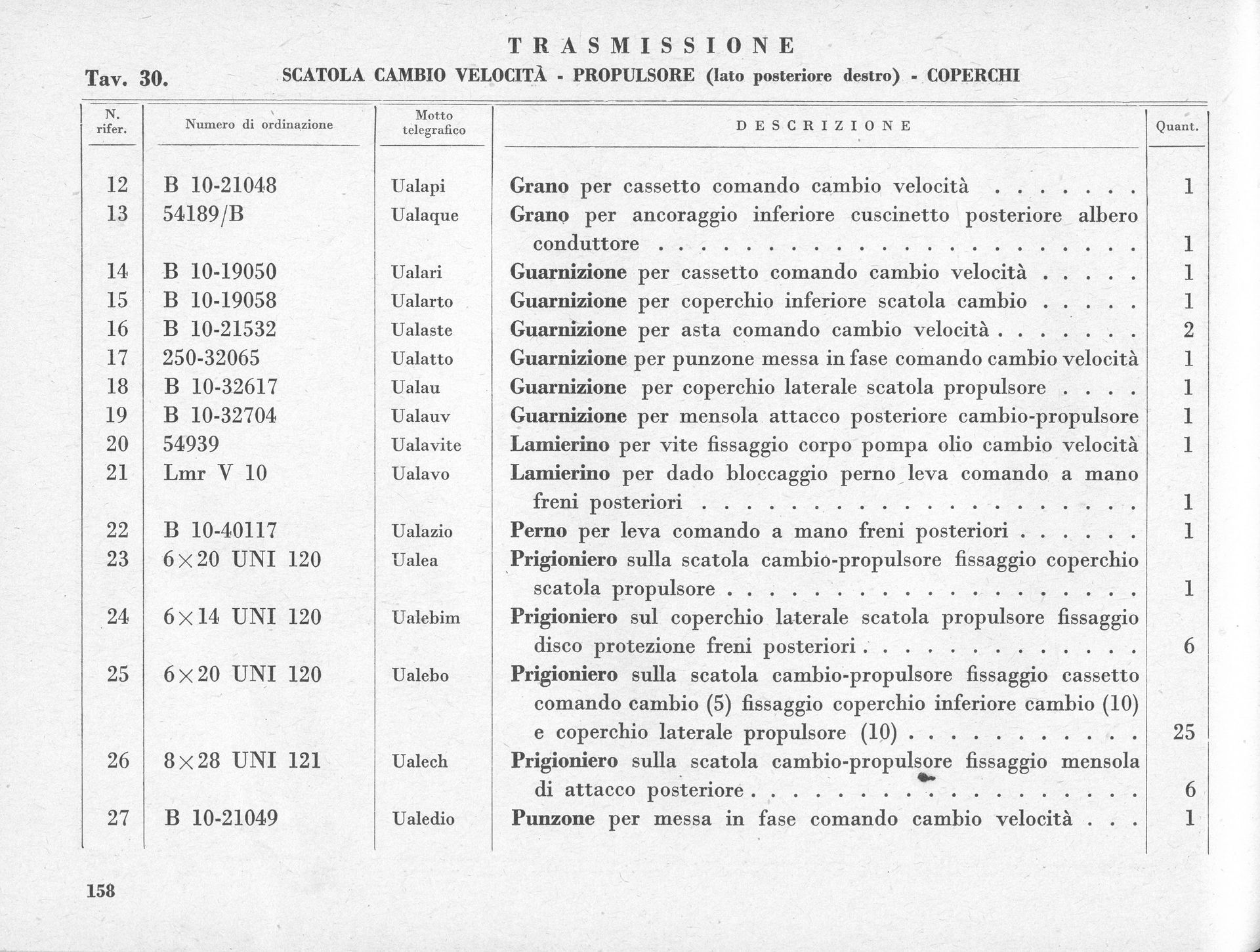 Parts list for a transmission, likely from a manual. Text is in Italian.