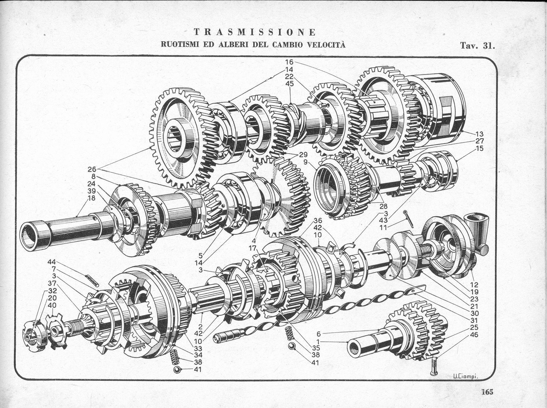 Exploded view of a mechanical transmission, showing various gears, shafts, and components.