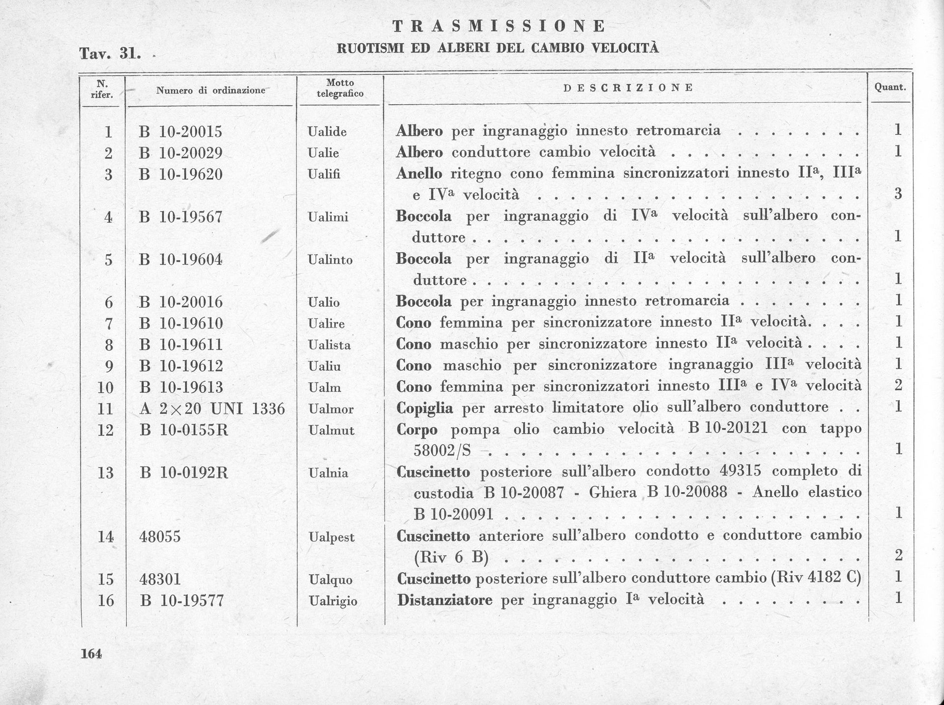 Parts list for a transmission system, table format with numbered rows and descriptions.