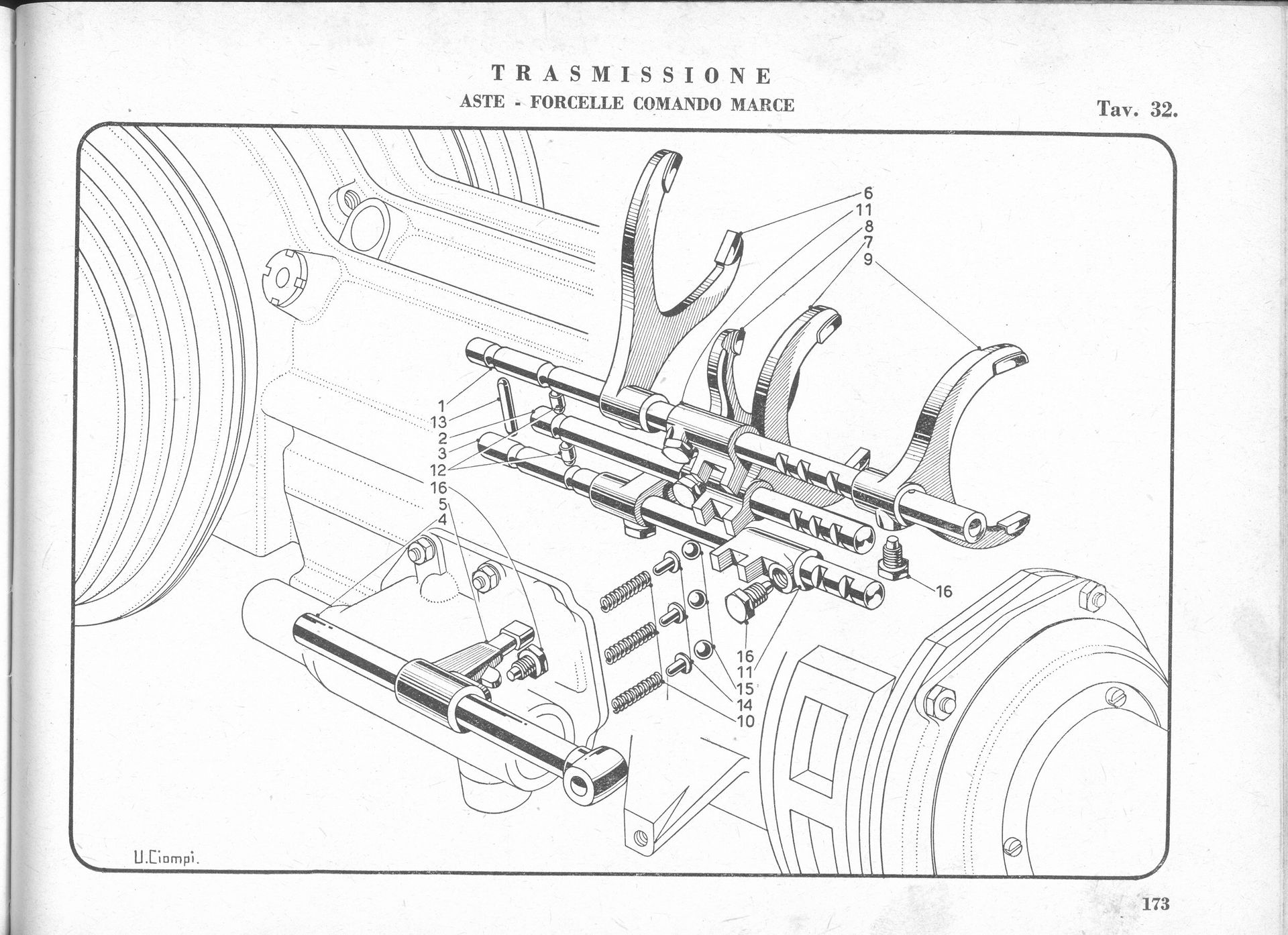 Diagram of a vehicle's transmission system, showing gears, axles, and related components in an exploded view.