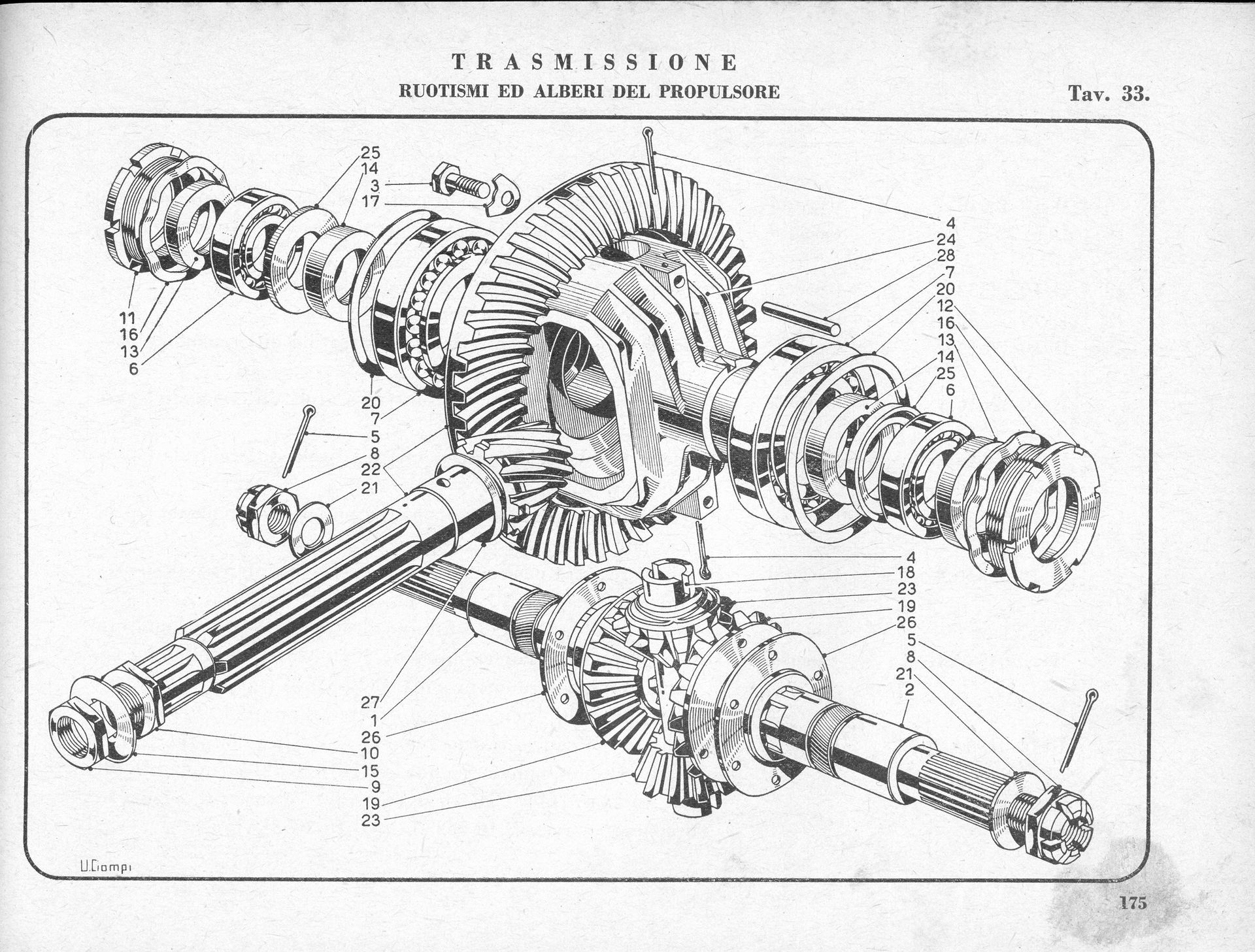 Diagram of a car's differential and axle assembly, showing internal gears and shafts.