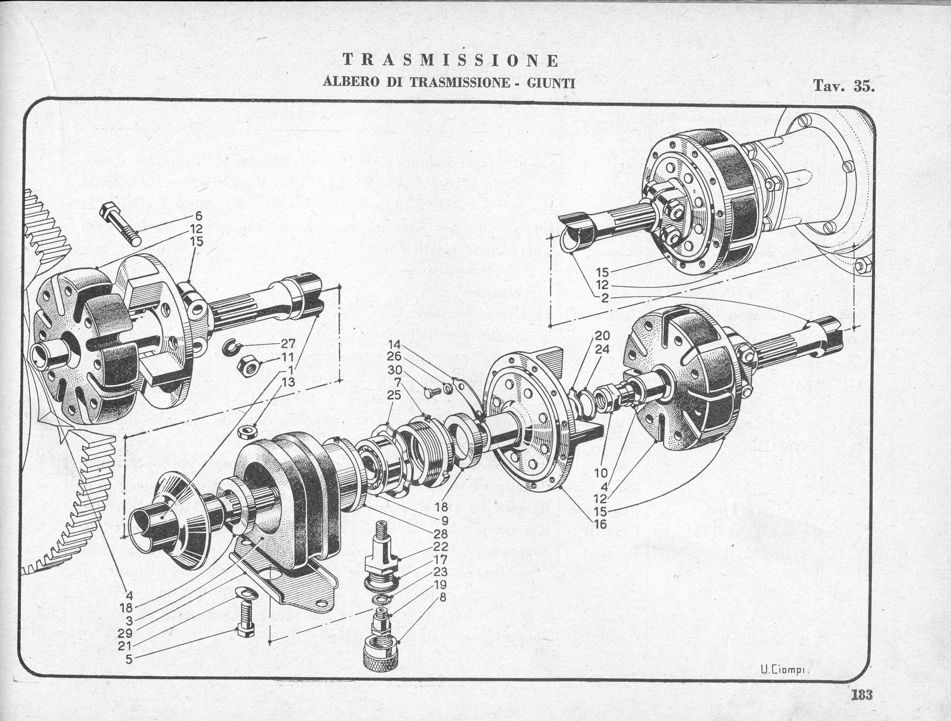 Diagram of transmission parts, labeled with numbers, including shafts, gears, and housings.