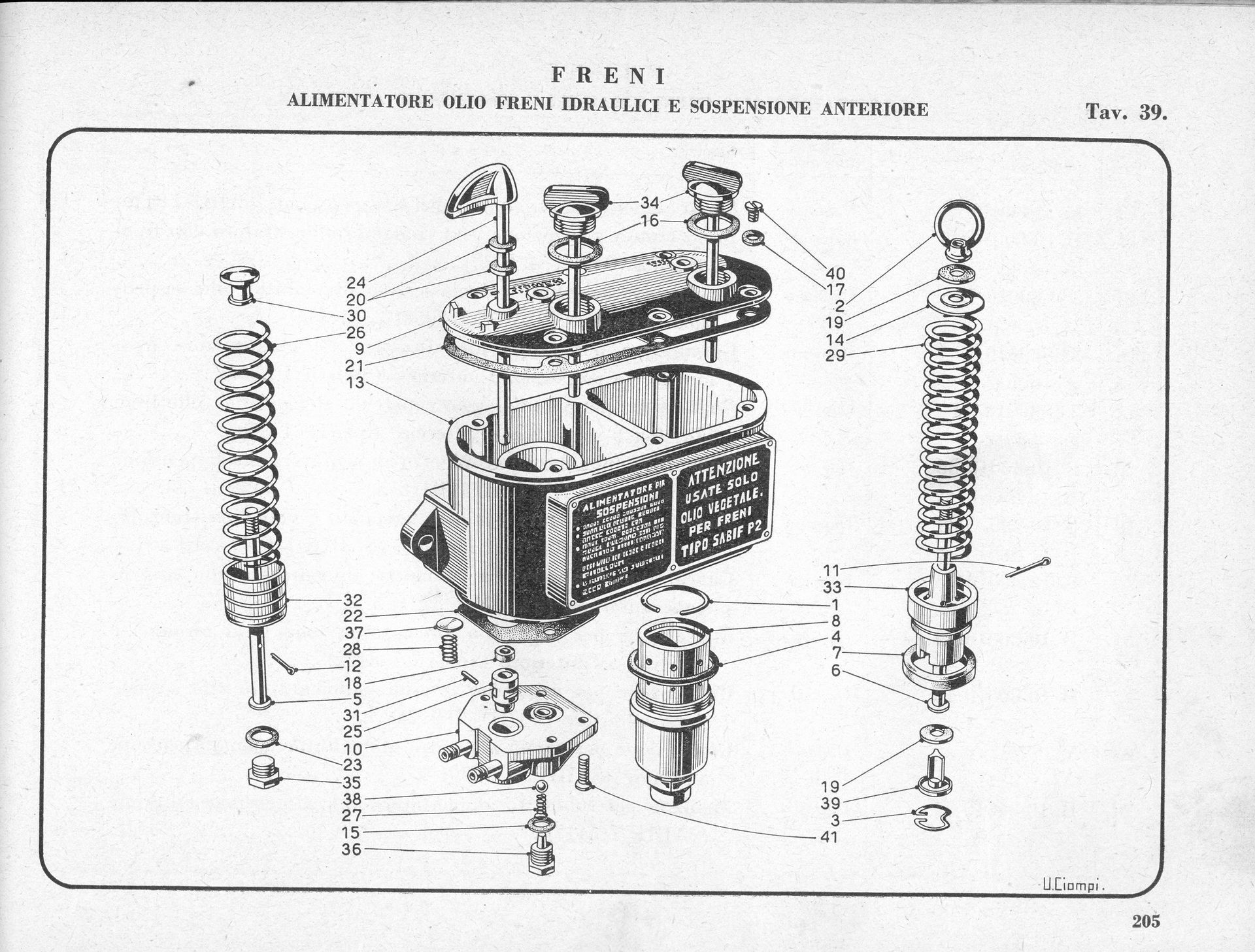 Exploded diagram of a mechanical device with numbered parts. The device has a rectangular body and springs on each side.