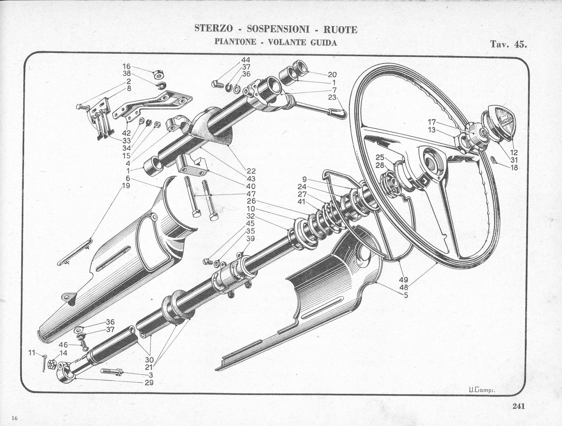 Diagram of a car's steering column and wheel, with numbered parts labeled.