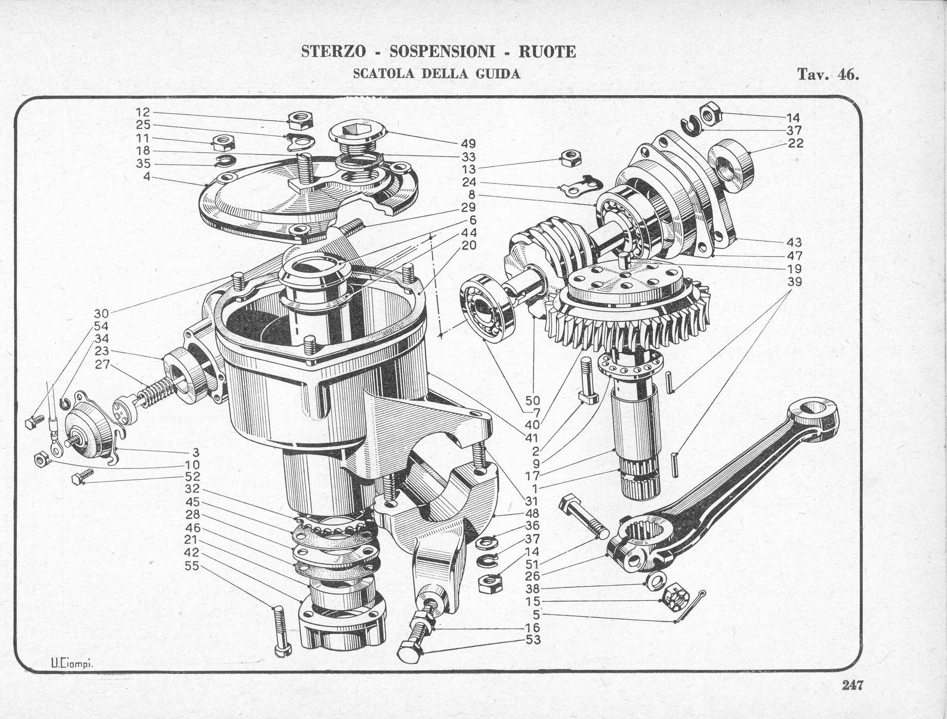Exploded diagram of a steering assembly with various labeled mechanical components.