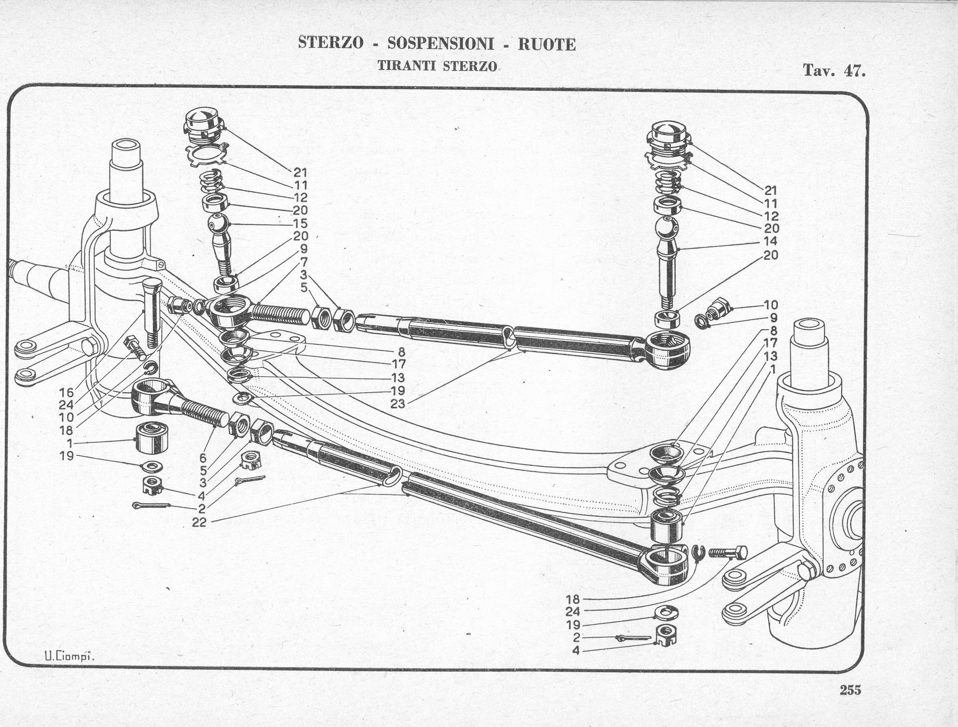 Diagram of a car's steering mechanism, with labeled components, showing rods, joints, and other parts.
