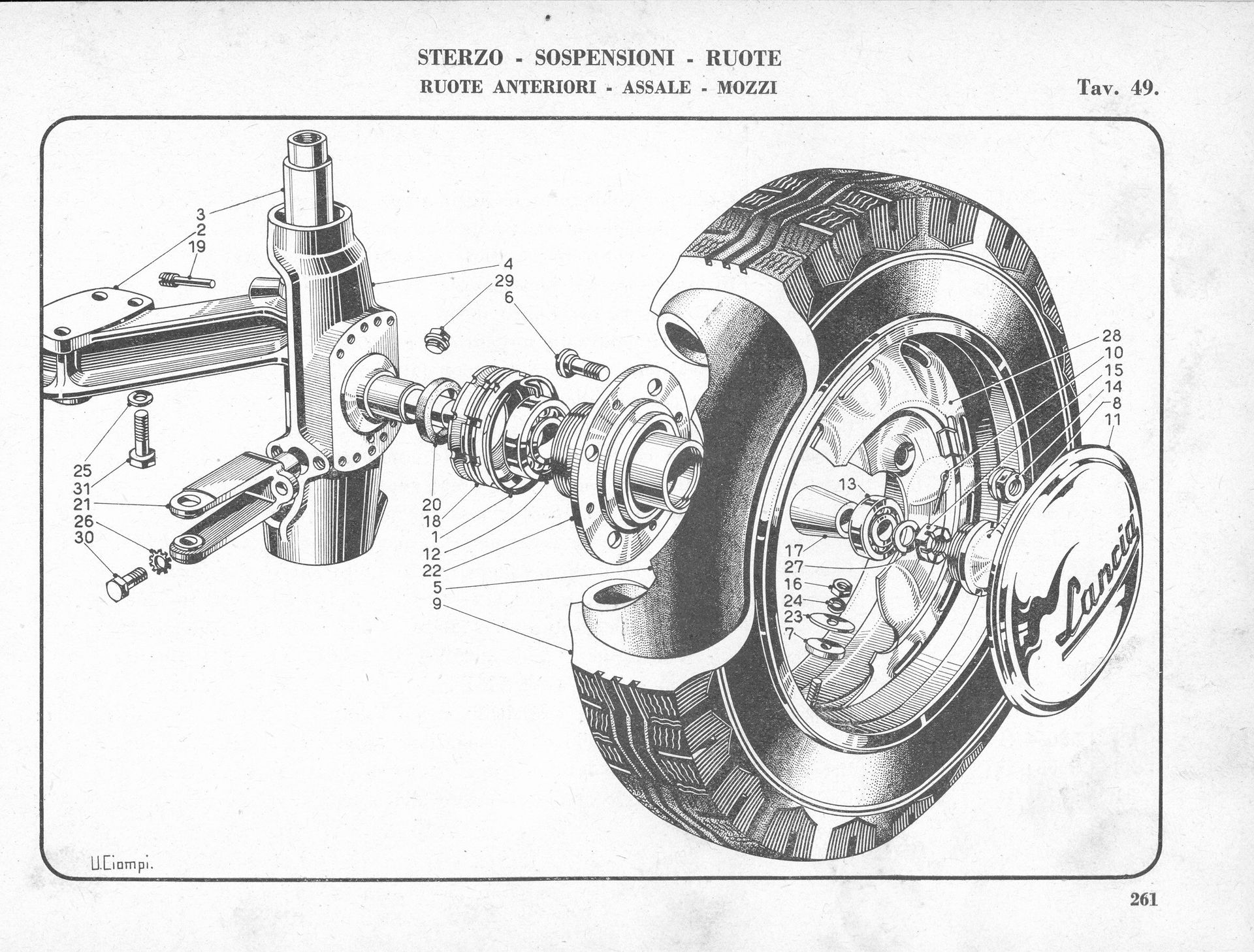 Diagram of a car's wheel, brakes, and suspension system, with labeled components.