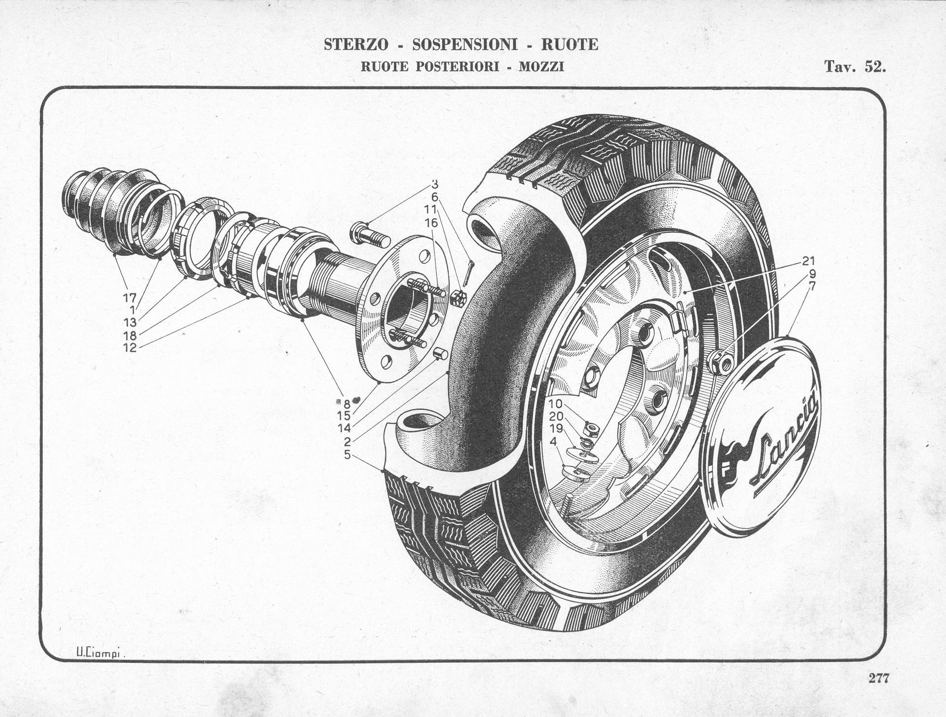 Cutaway illustration of a car wheel with tire, suspension, and steering components.