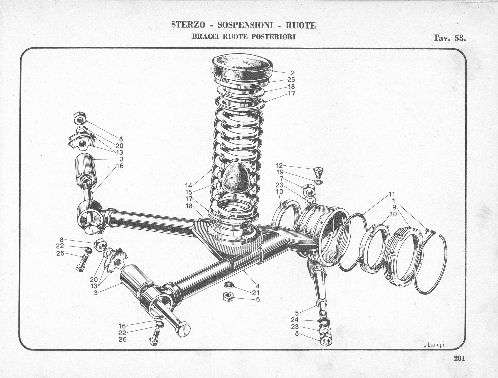 Diagram of a front suspension system, including shock absorber, spring, control arms, and hub assembly.
