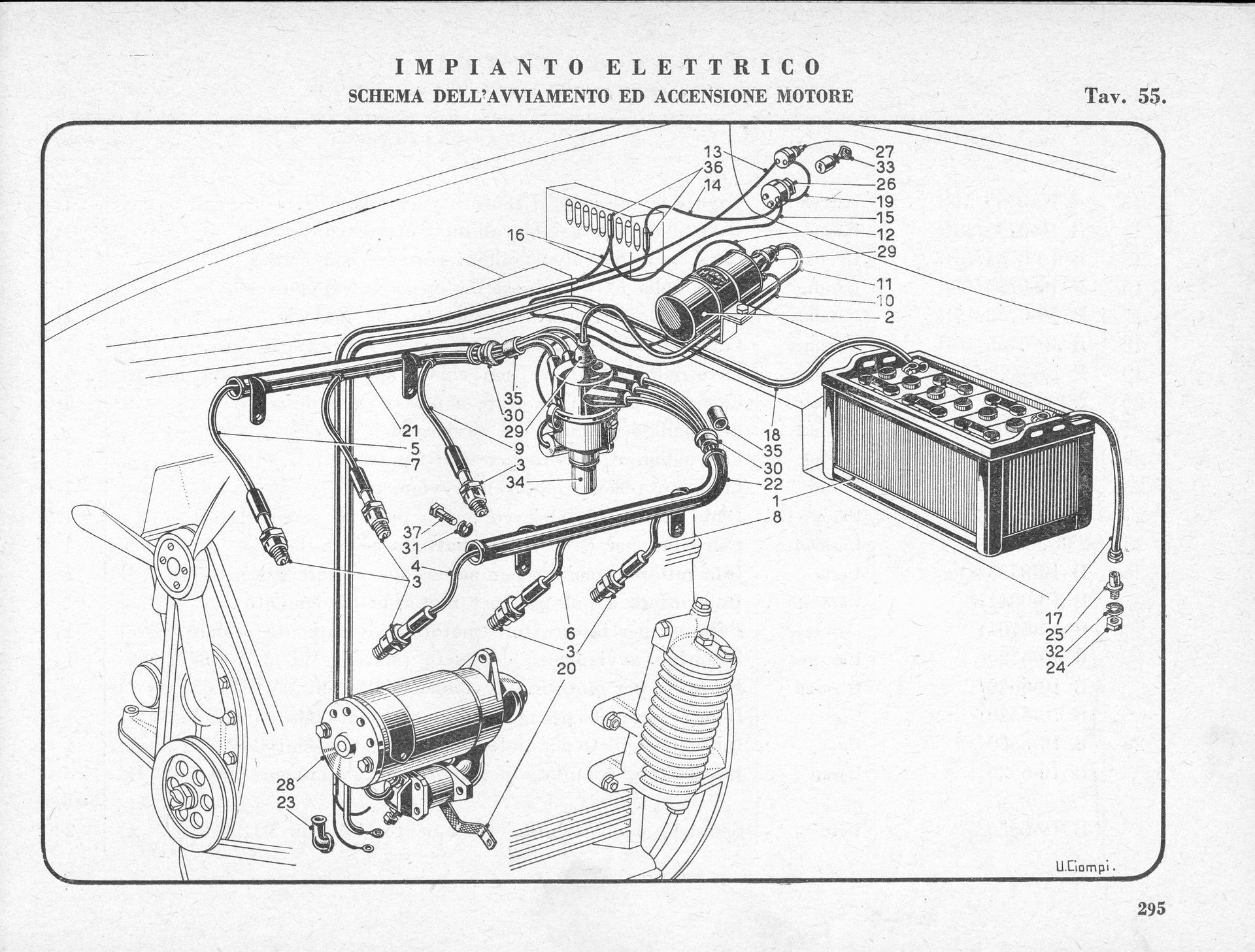 Diagram of an electrical system in a vehicle, showing the battery, engine, and wiring.