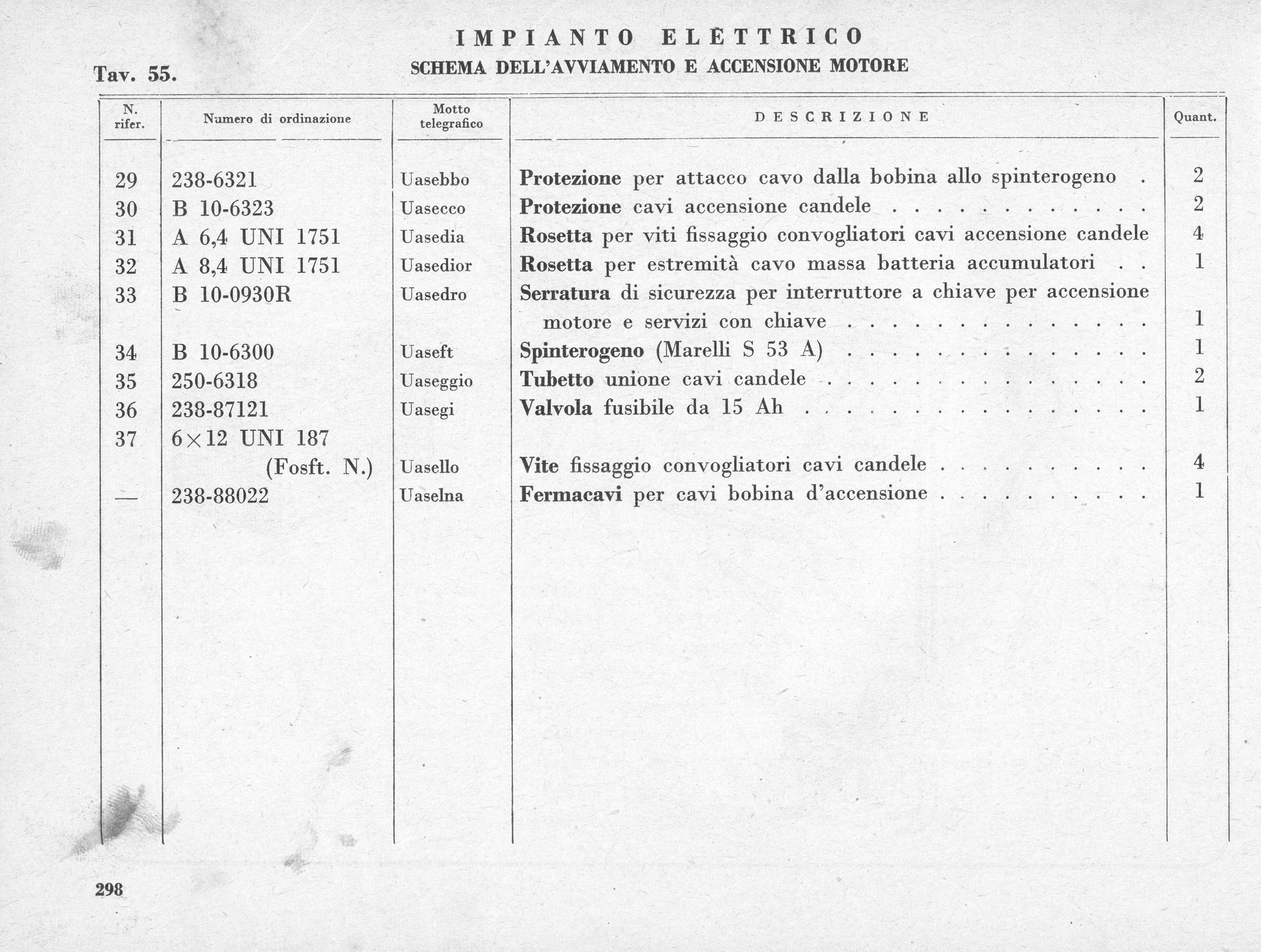 A table listing electrical components with their codes, descriptions, and quantities.