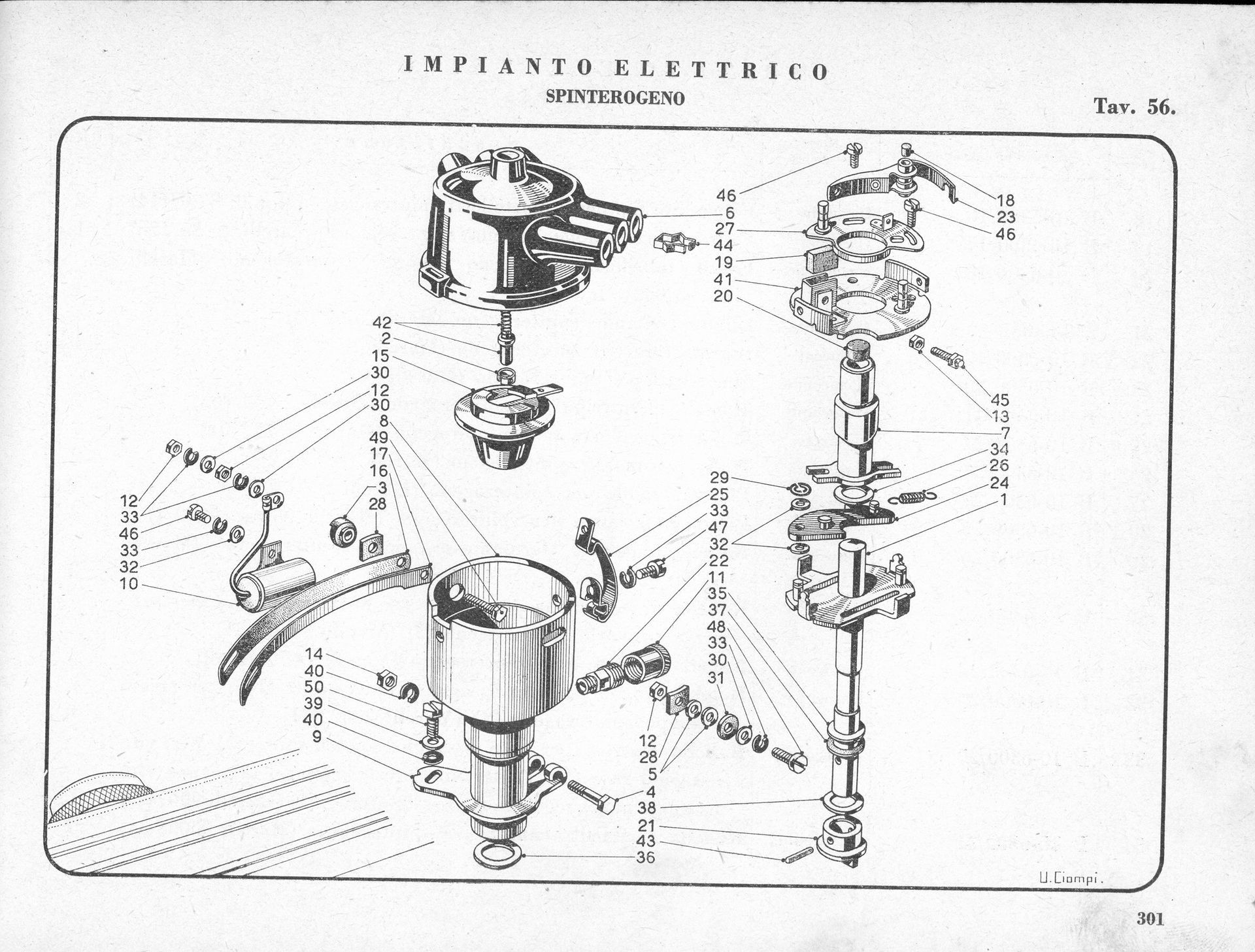 Exploded diagram of a mechanical device, labeled in Italian, showing various components separated.