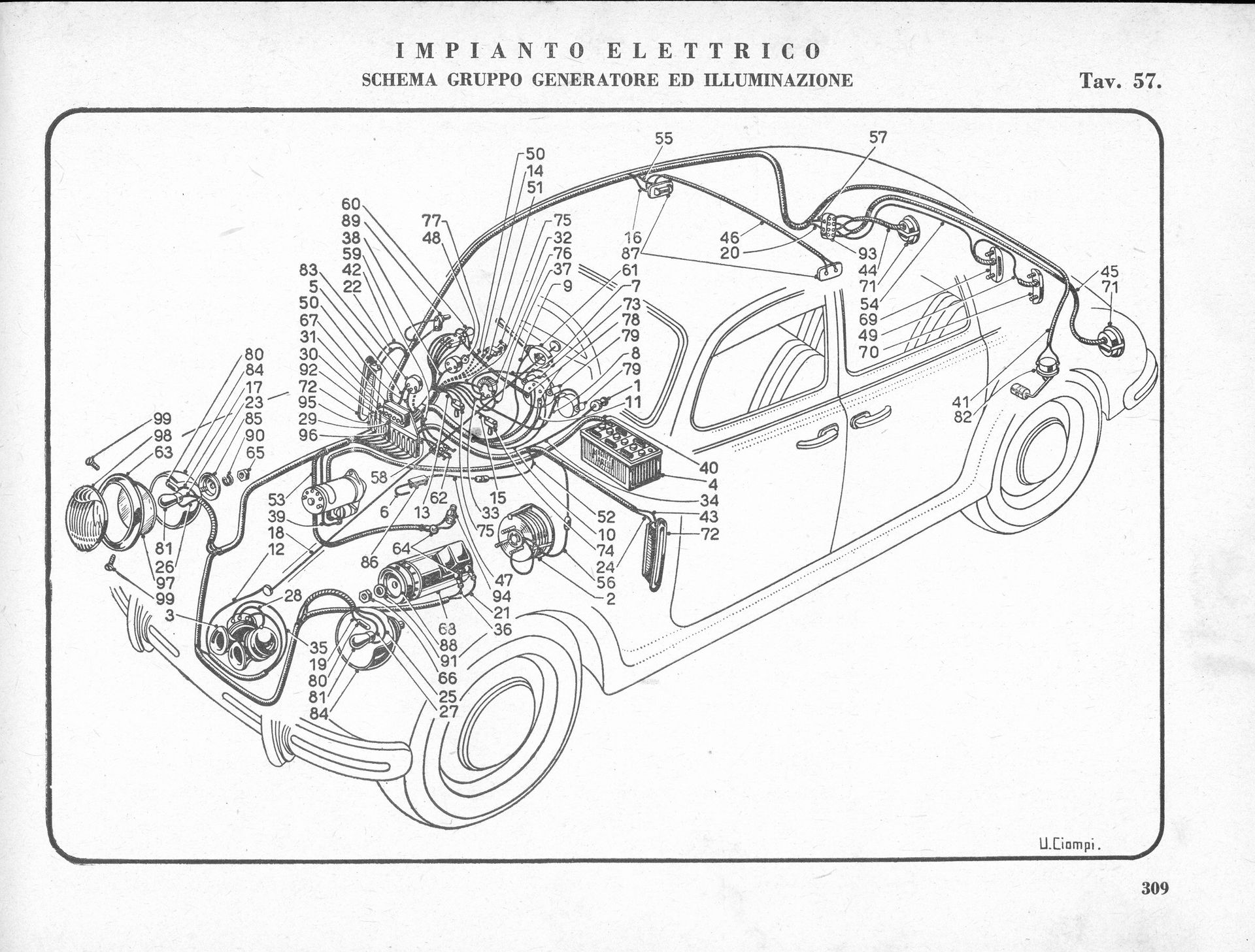 Diagram of a car's electrical system, showing wiring, labeled components, and the car's overall layout.