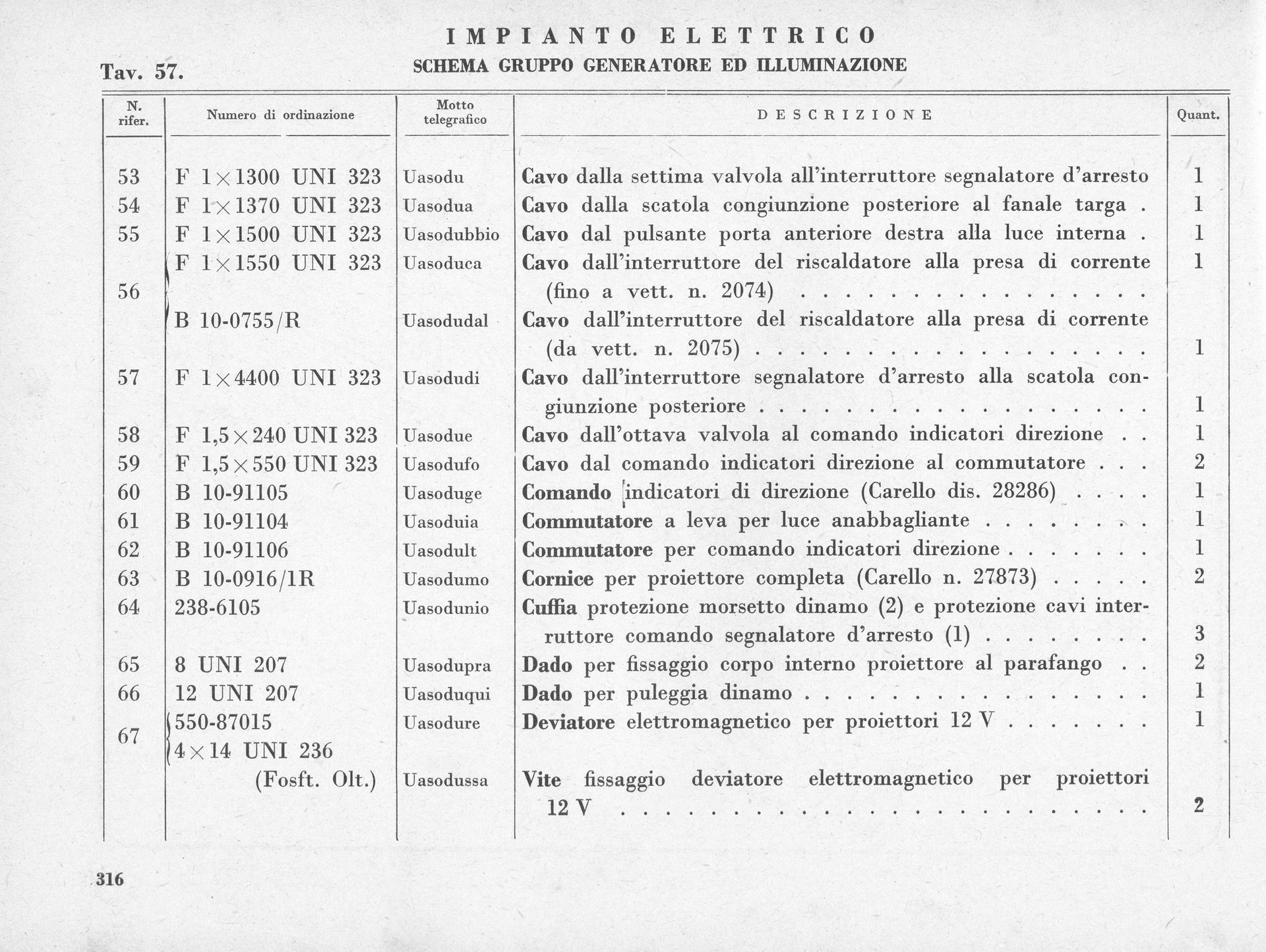 List of electrical system components from a technical manual.