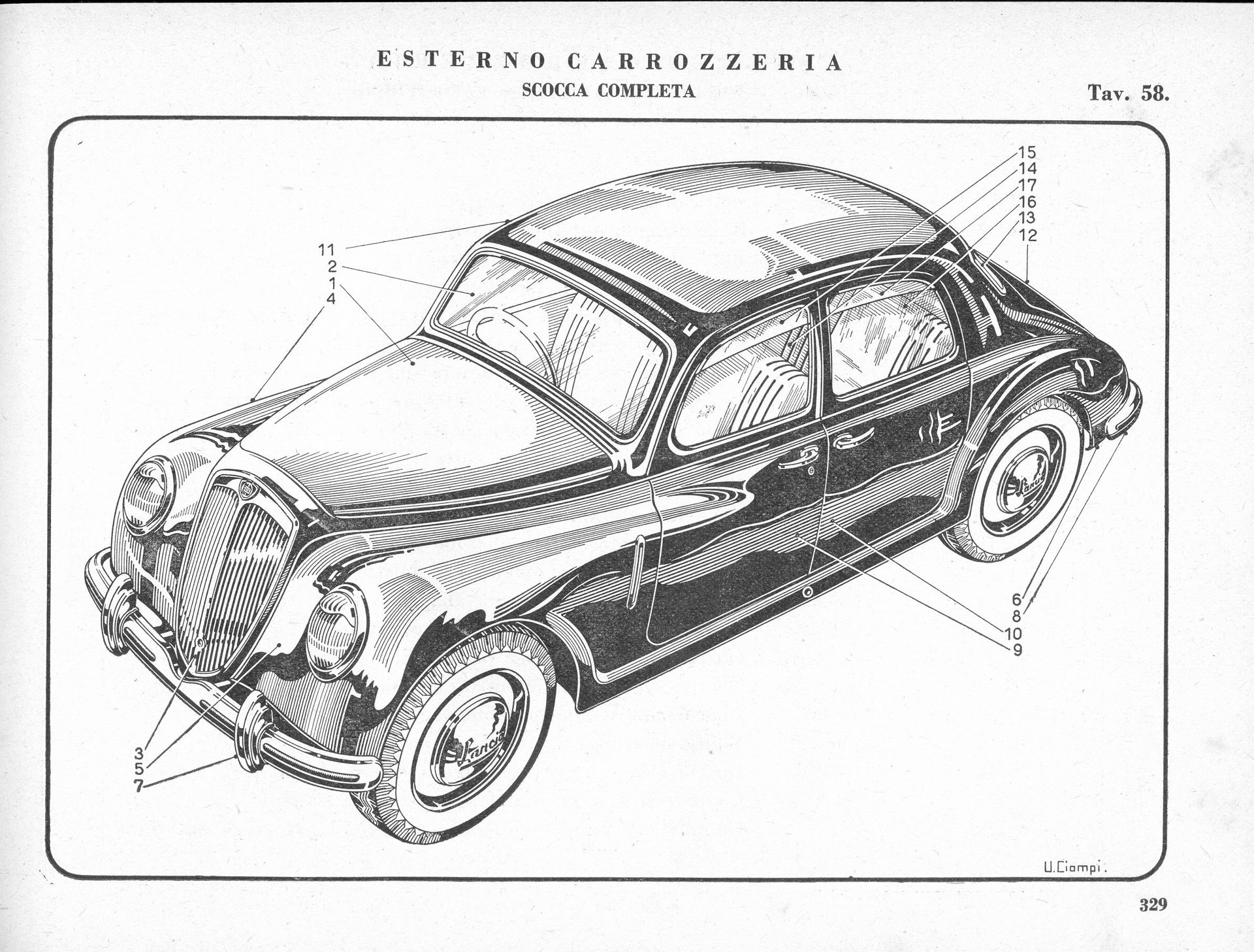 Isometric drawing of a black car with white-walled tires, illustration from a technical manual.