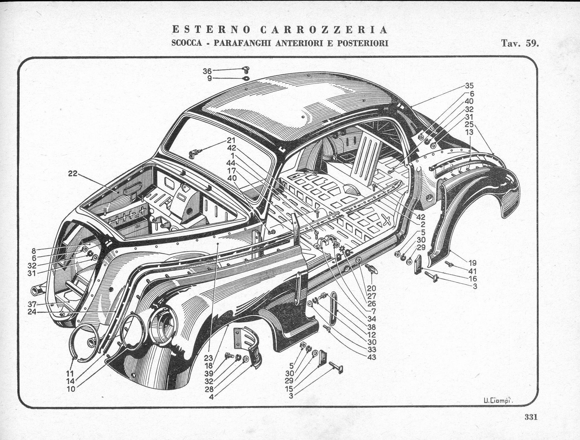 Line drawing of car body parts; labeled in Italian.