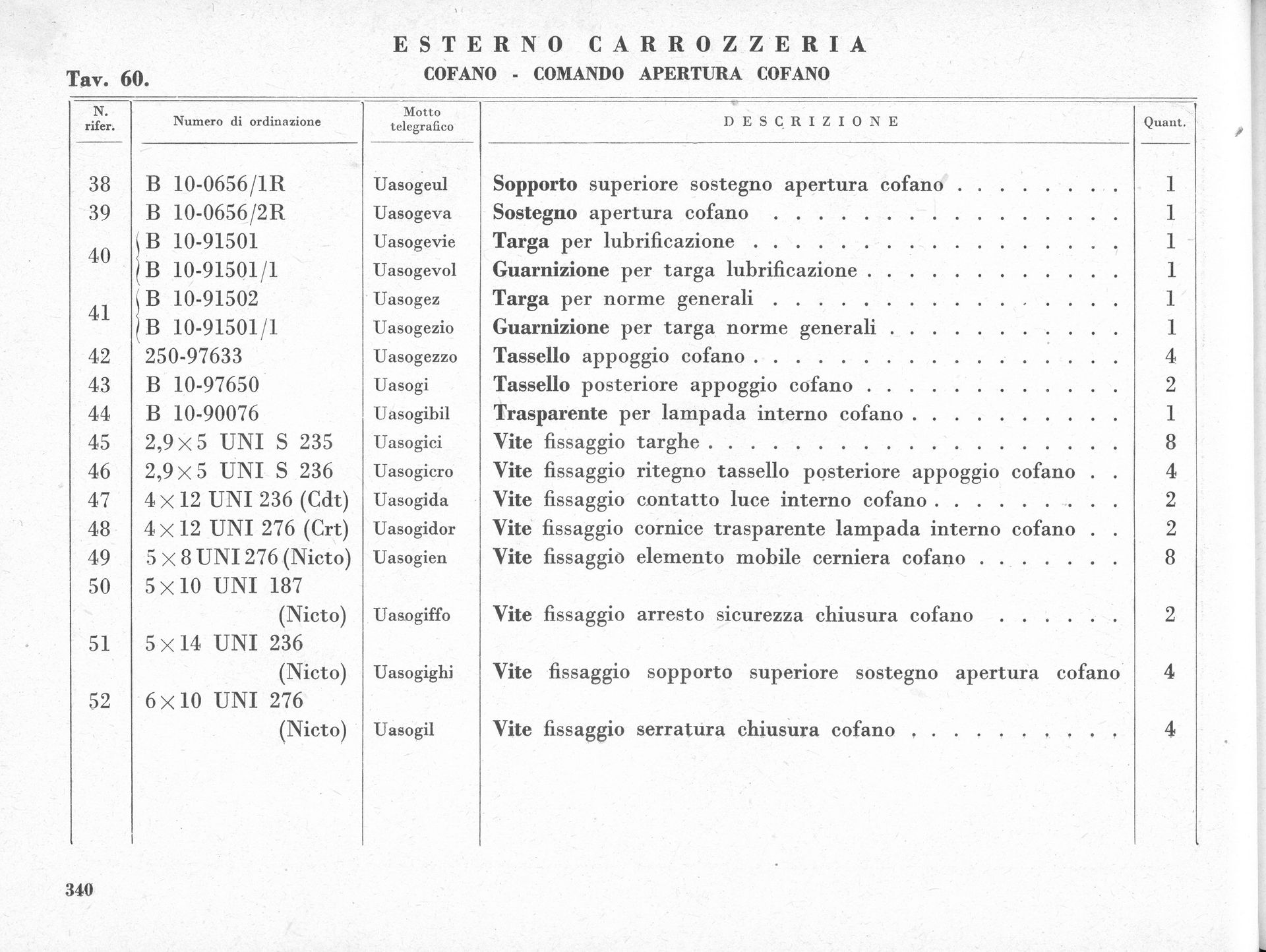 Parts list with item numbers, descriptions, and quantities.