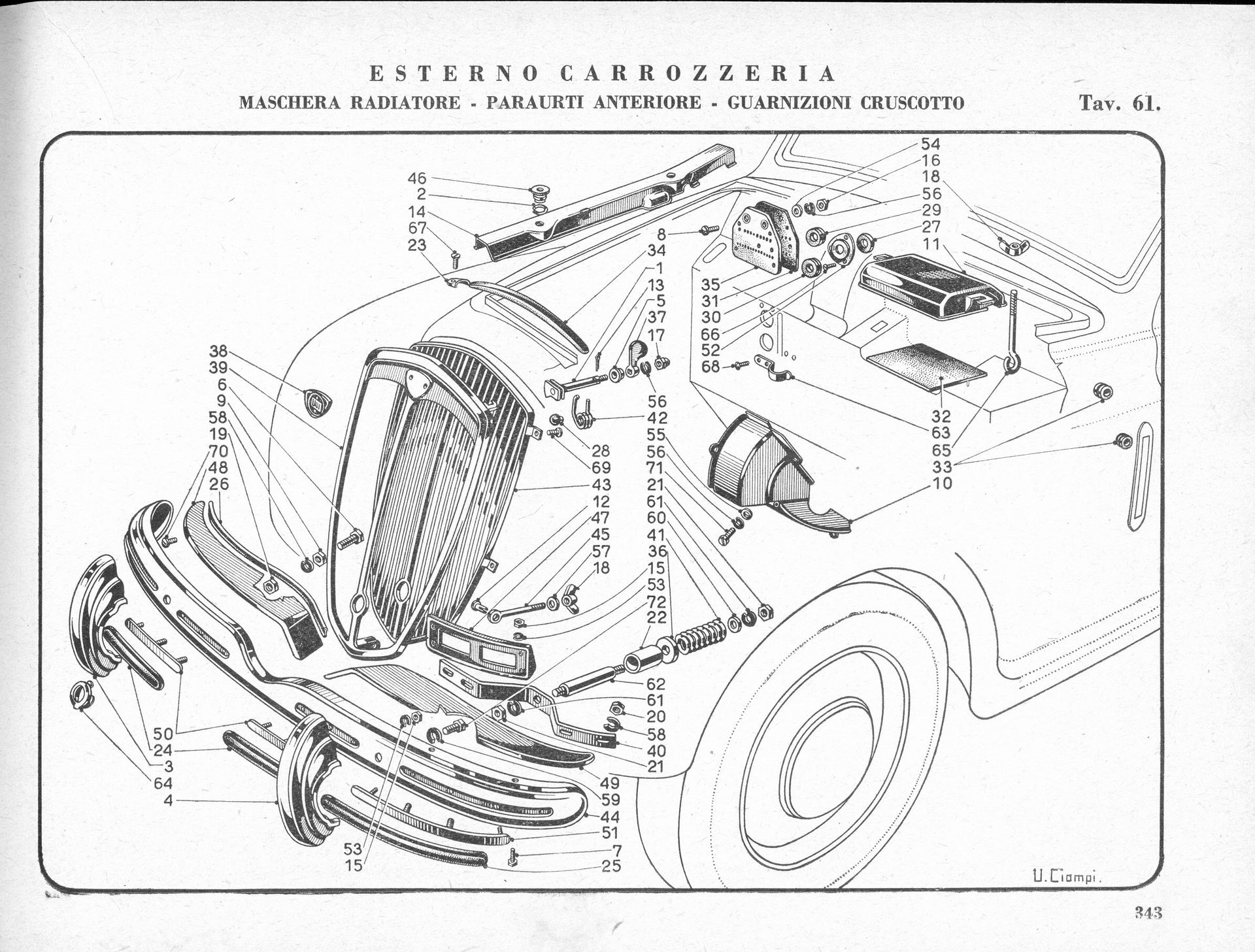 Exploded diagram of a car's front exterior, showing parts like the grille, bumper, headlights, and engine components.